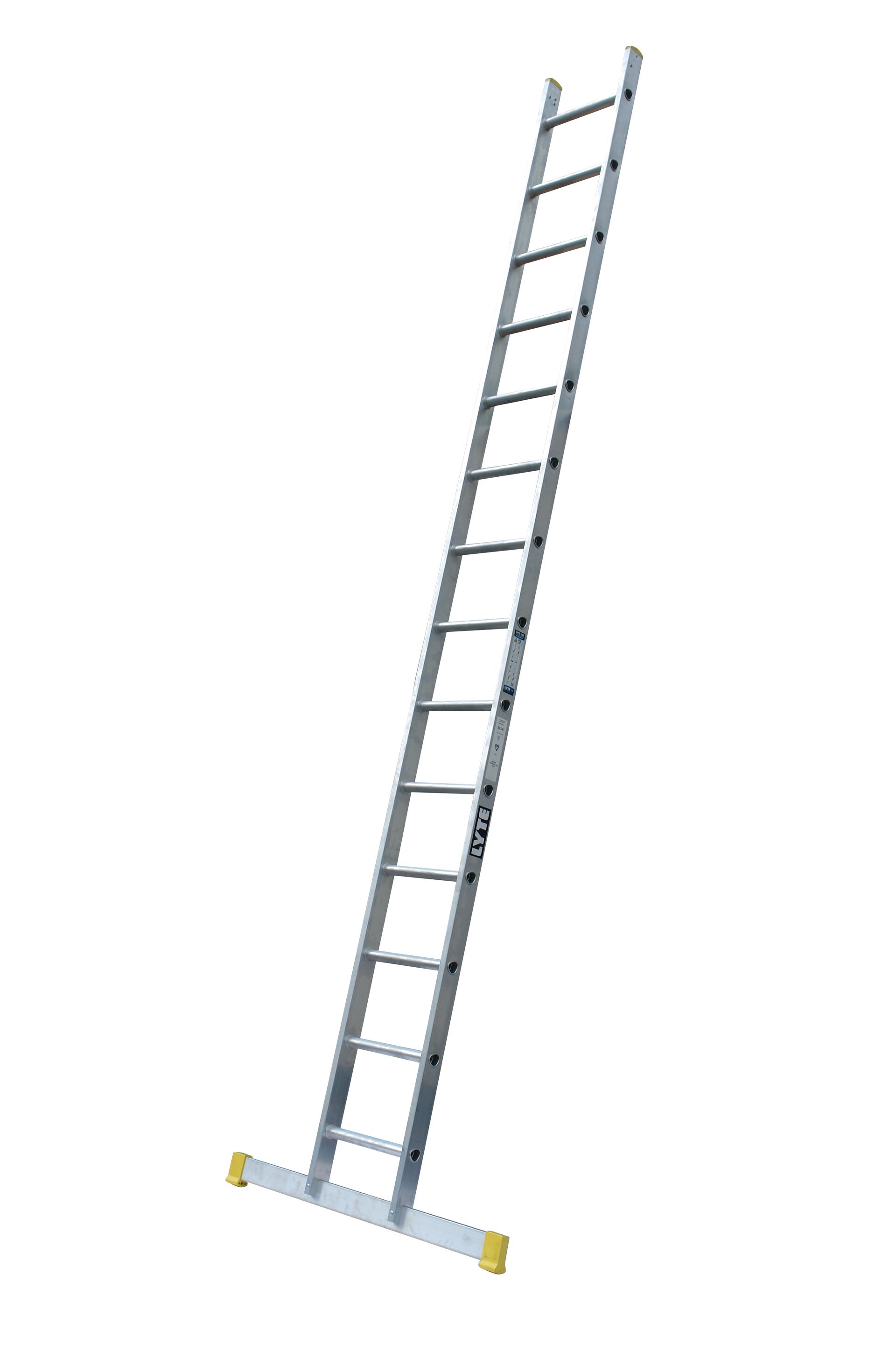 A long ladder is sitting on a white surface.