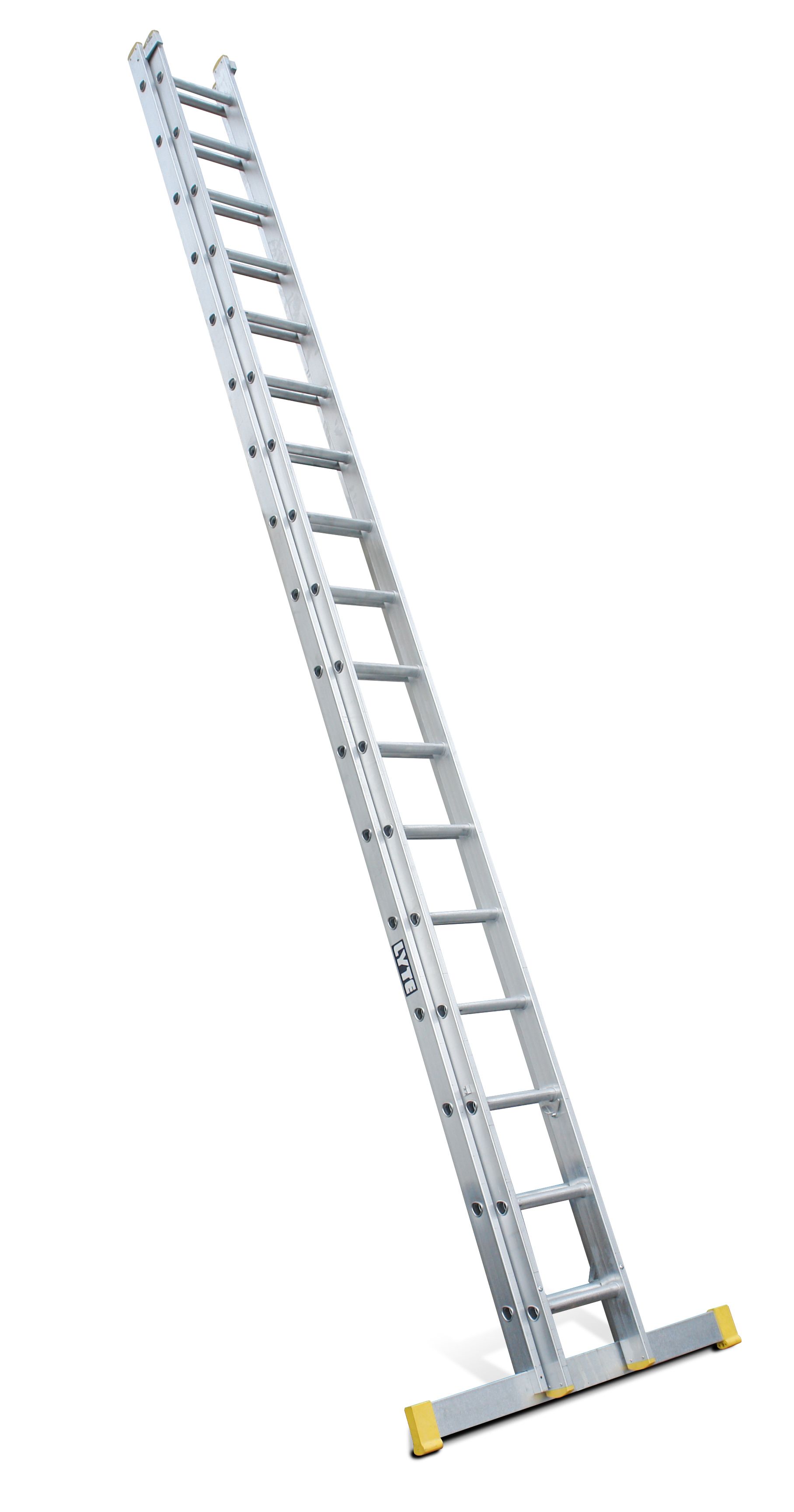 A long ladder is sitting on a white surface.