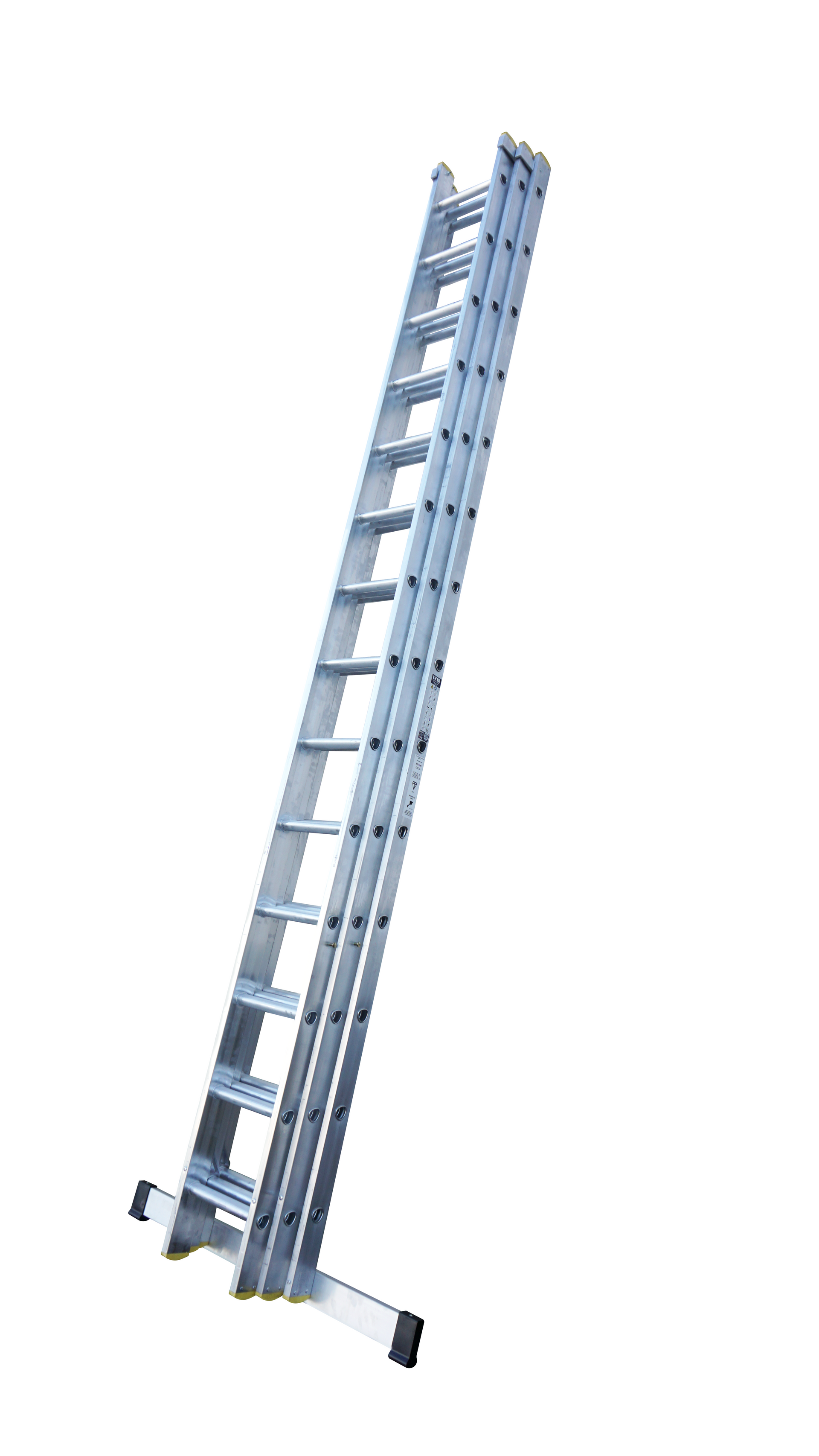 A long ladder is sitting on a white surface.