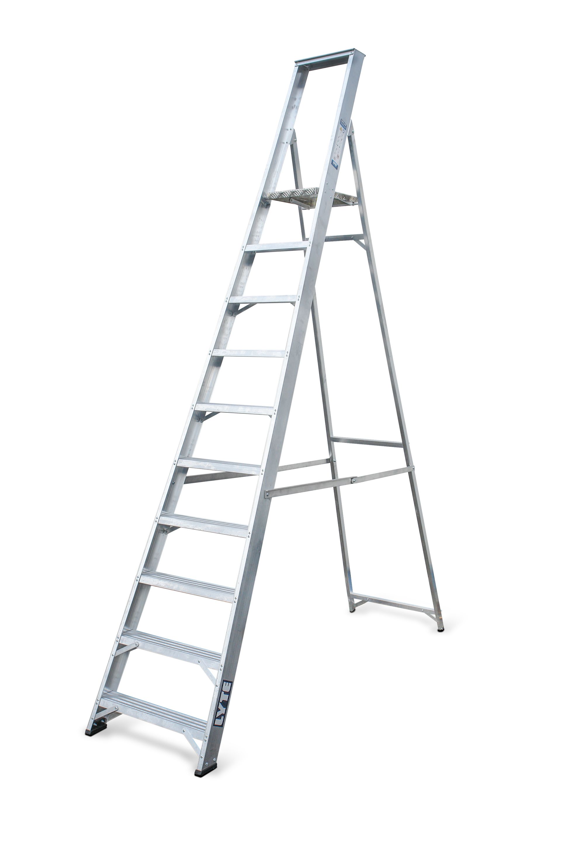 An aluminum ladder is sitting on a white surface.