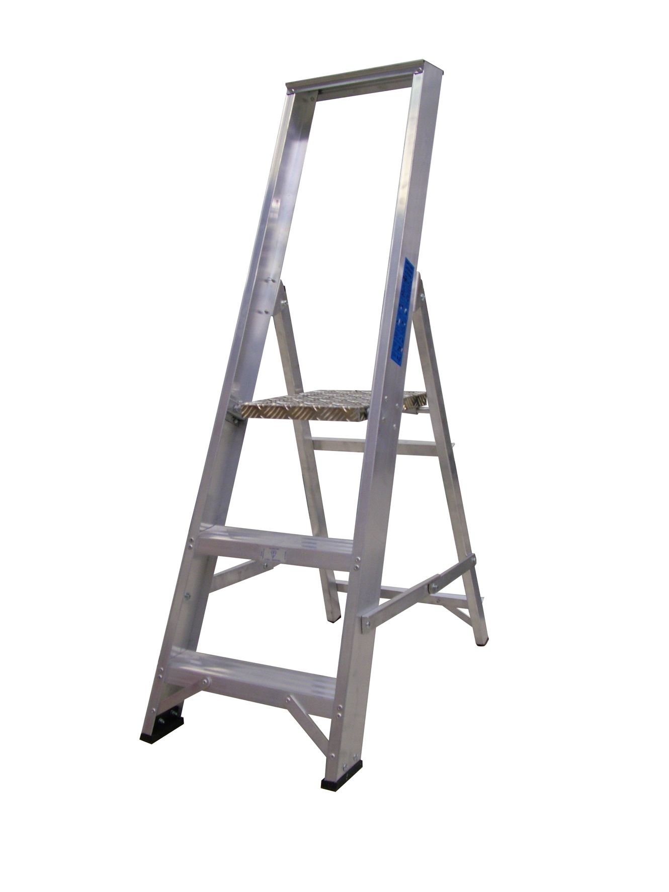 A metal ladder with three steps on a white background.