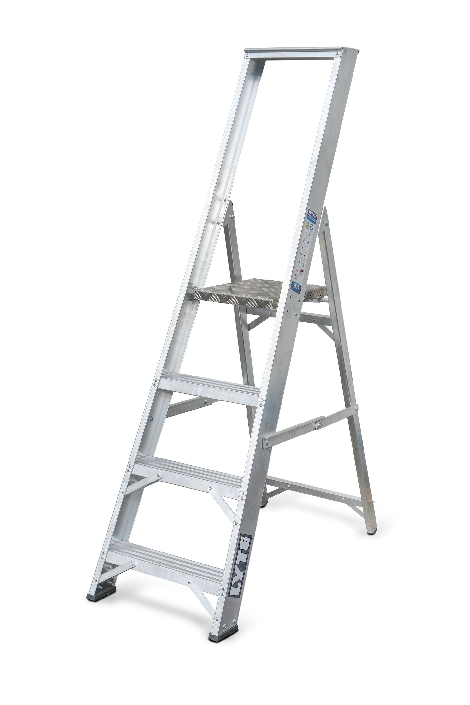 A ladder is sitting on a white surface.