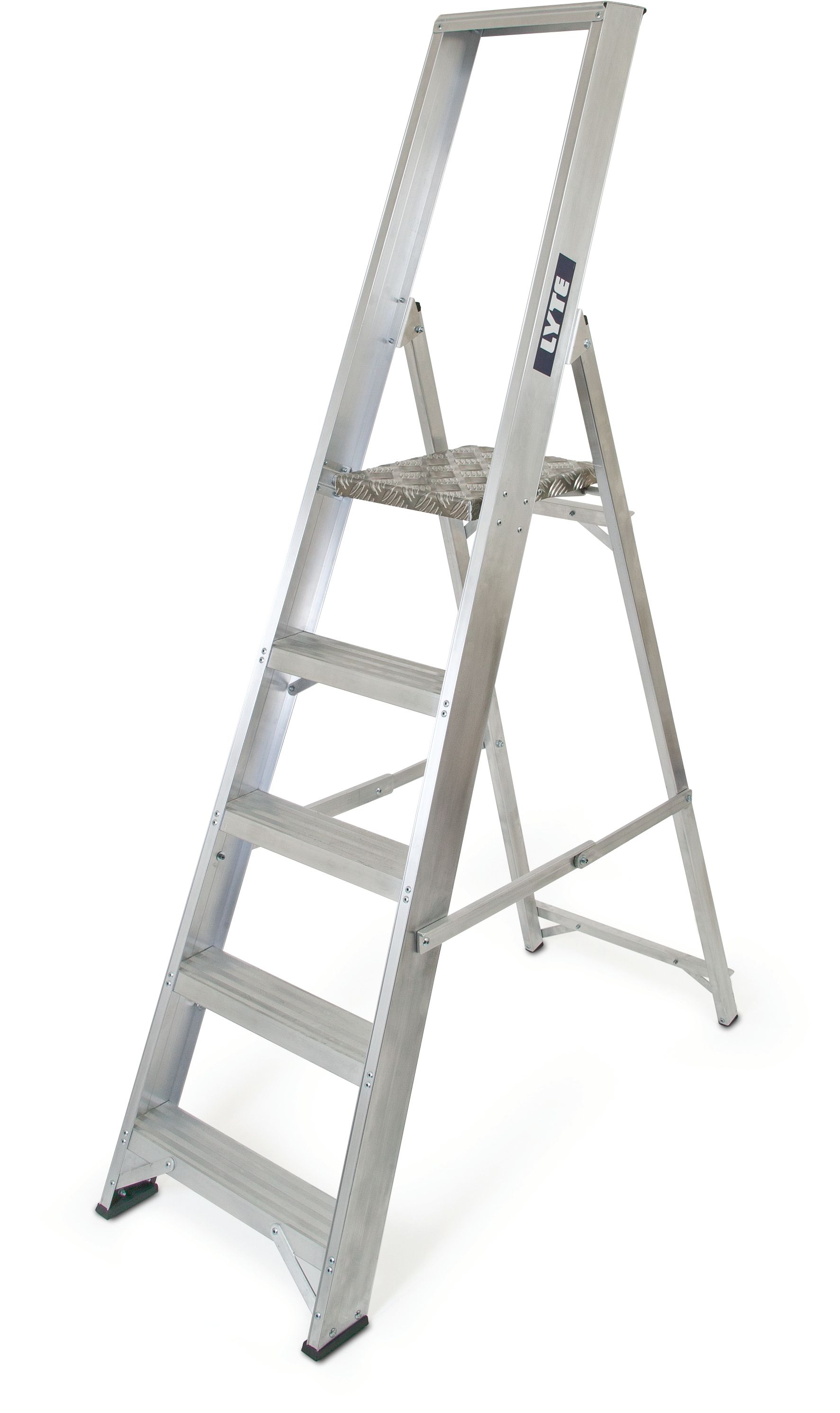 An aluminum ladder with a wooden platform on a white background.