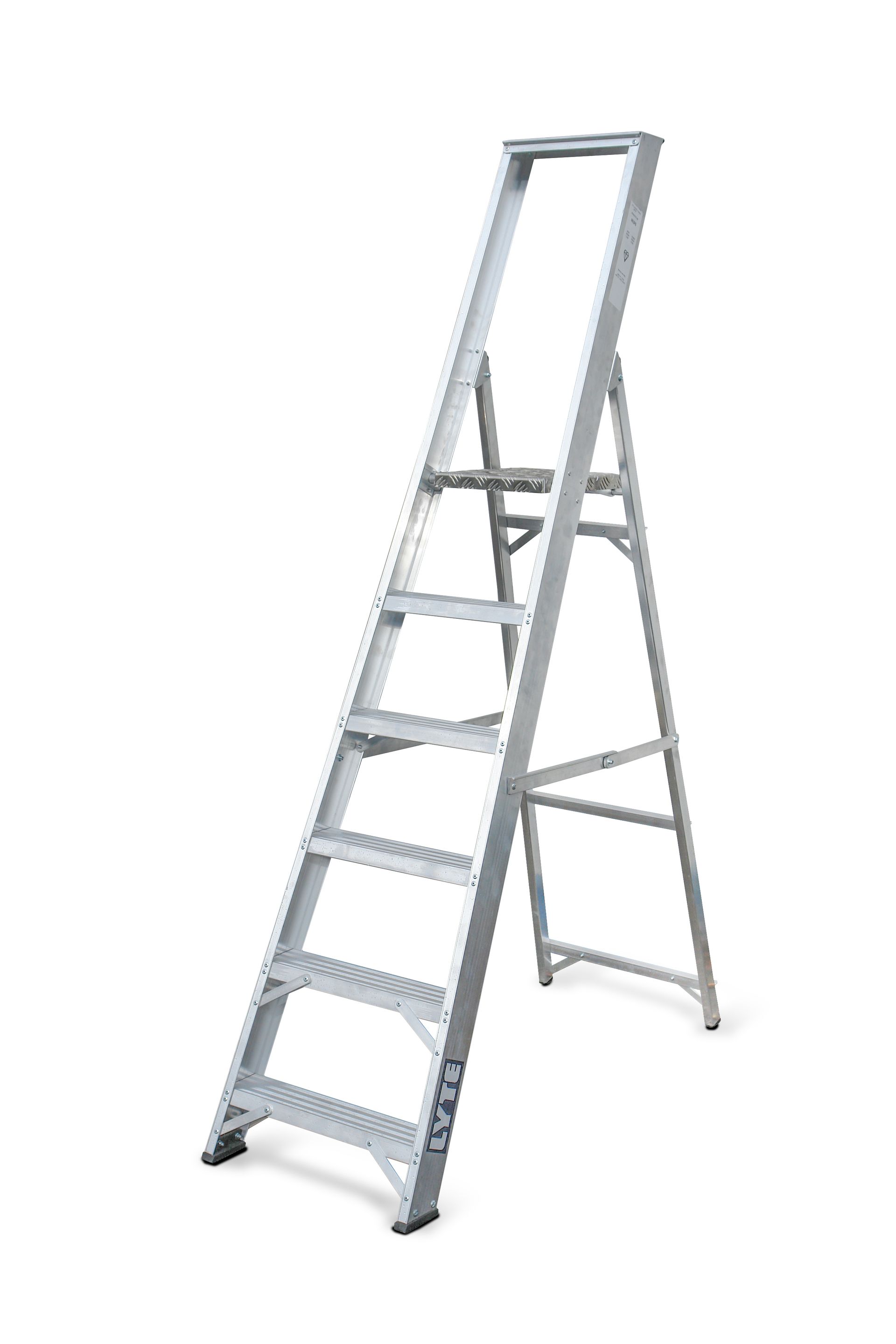 A ladder is sitting on a white surface.
