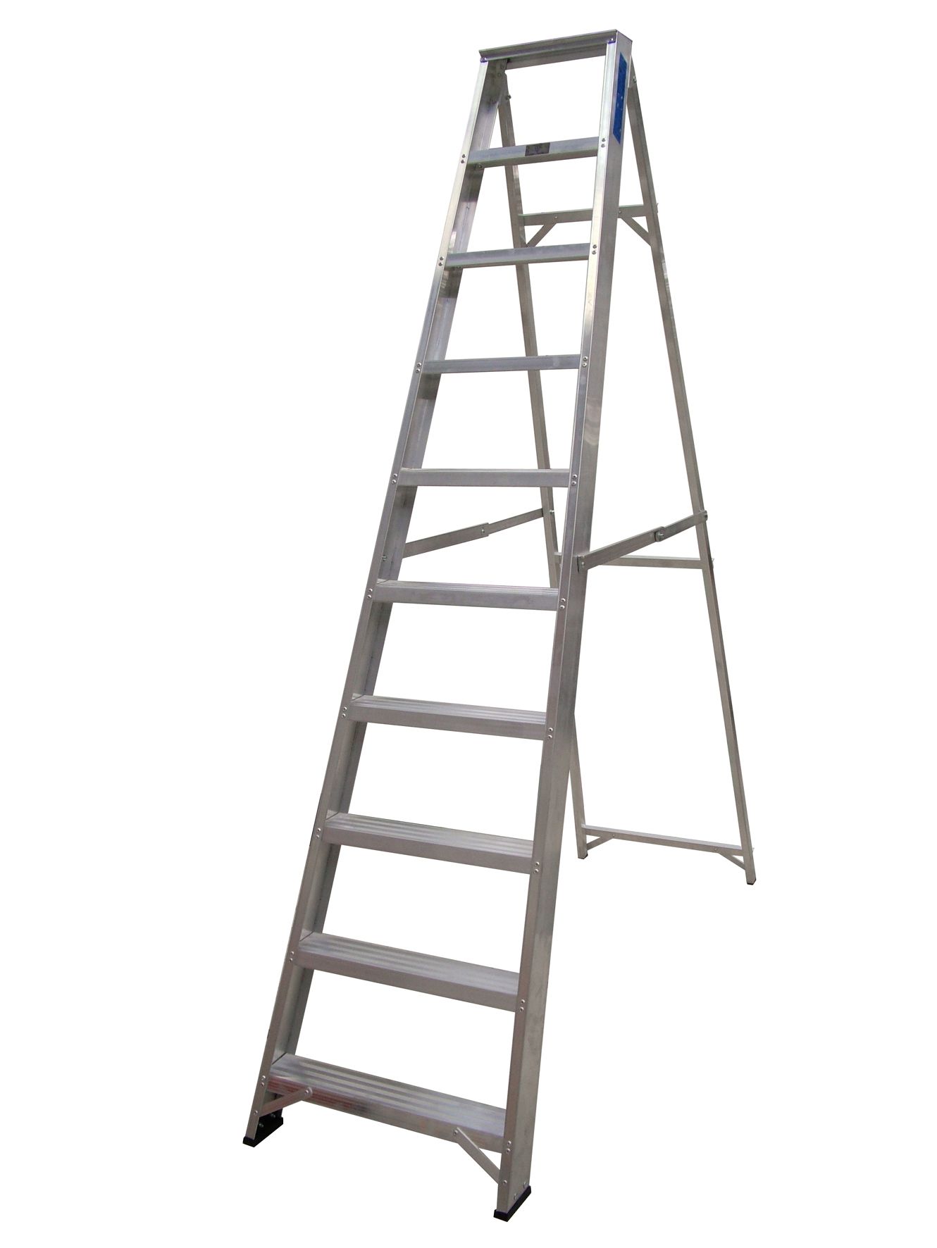 An aluminum ladder is sitting on a white surface.