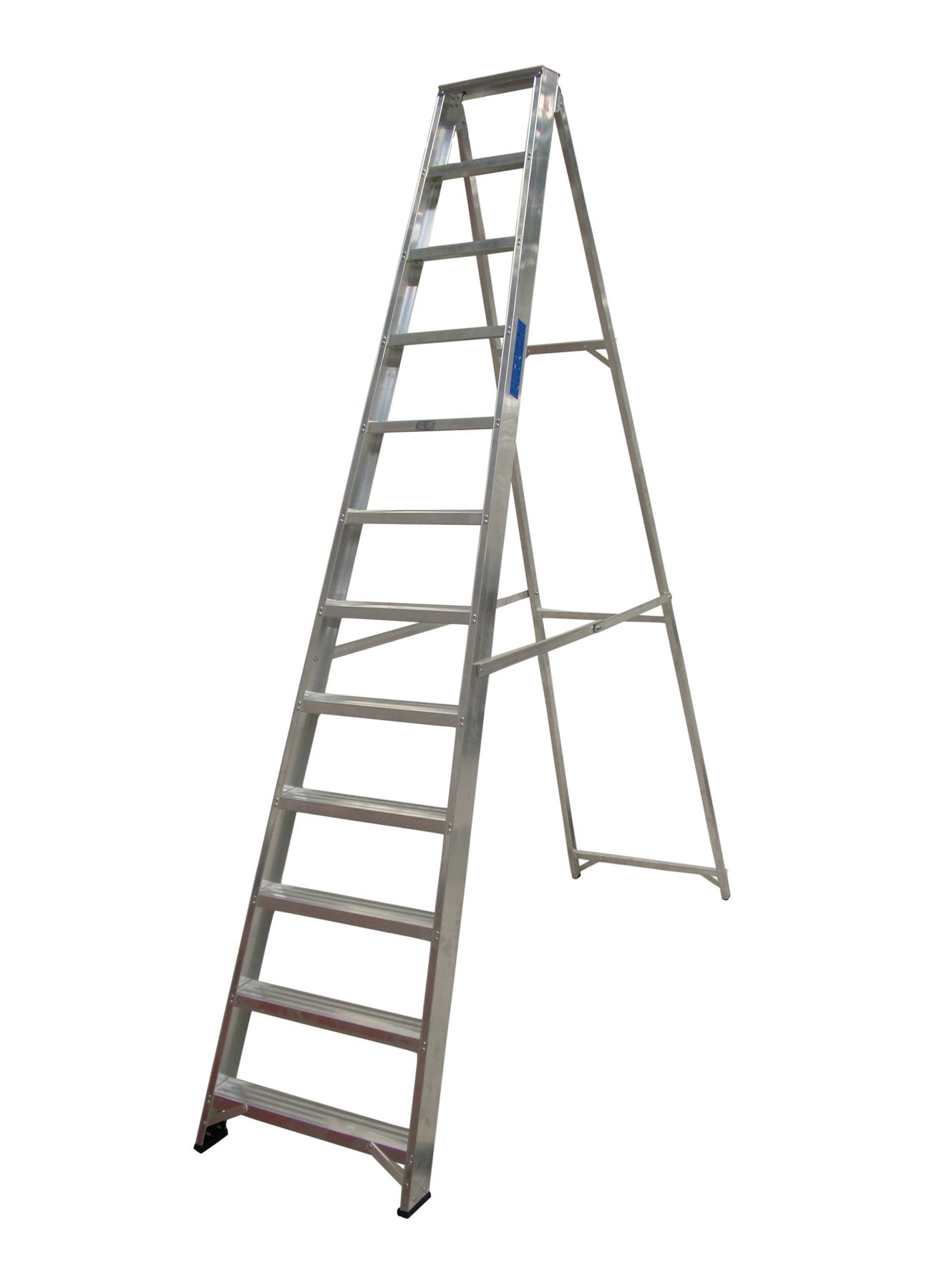 An aluminum ladder is sitting on a white surface.