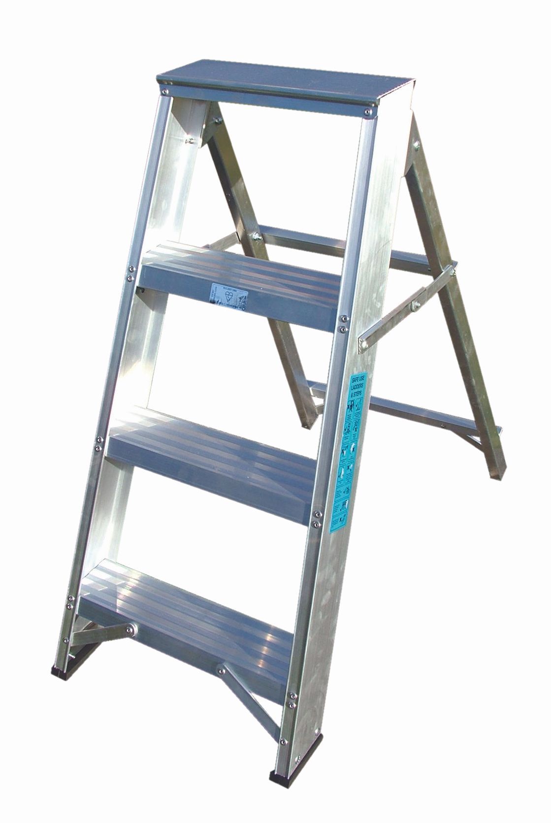 A metal step ladder with blue steps on a white background.