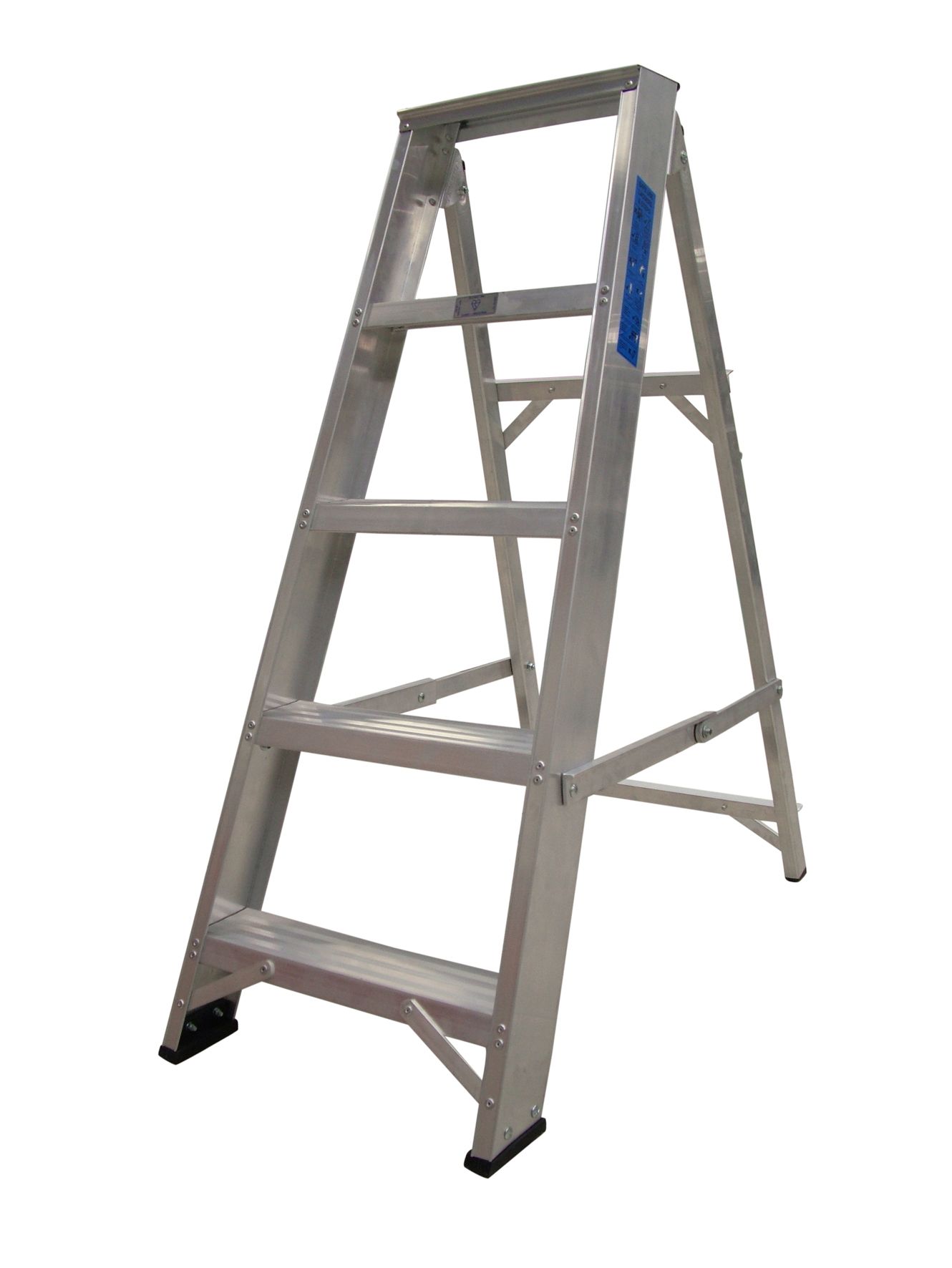 An aluminum ladder is sitting on a white surface.