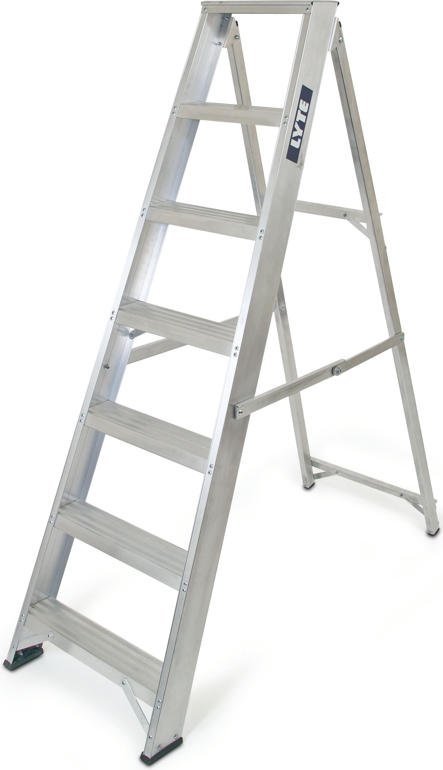 An aluminum ladder is sitting on a white surface.