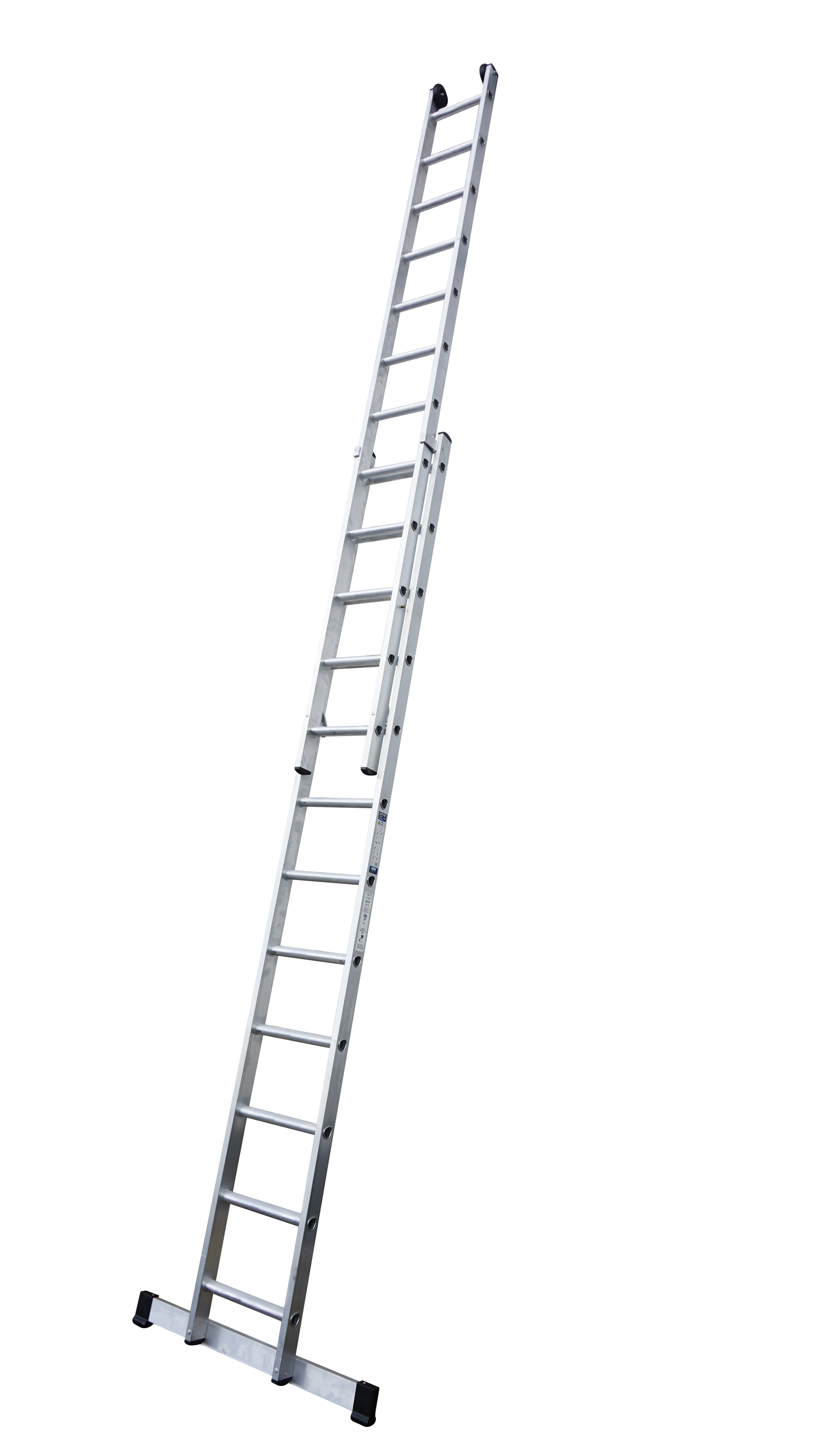 A long ladder is sitting on top of a white surface.