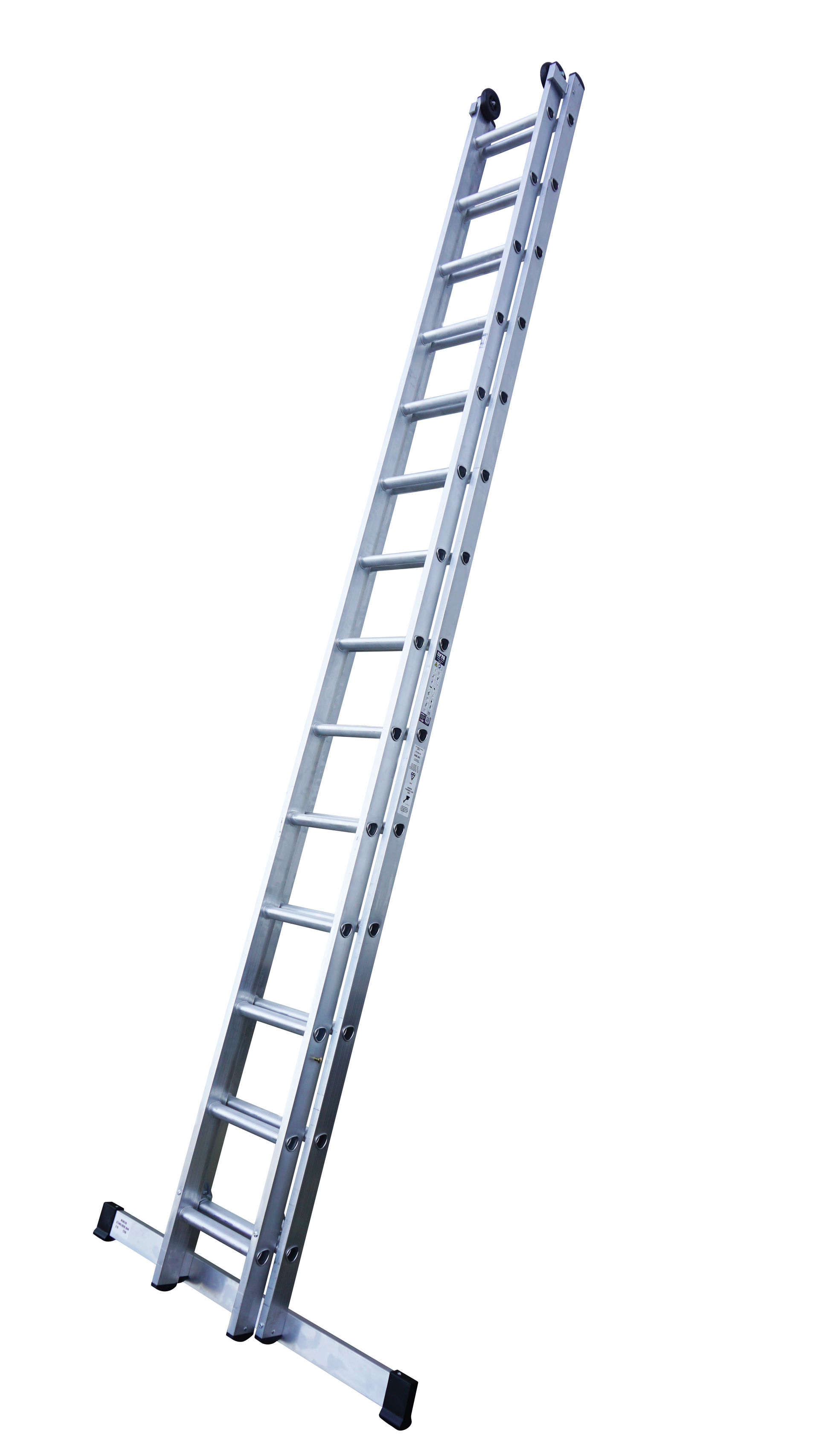 A long ladder is sitting on a stand on a white background.