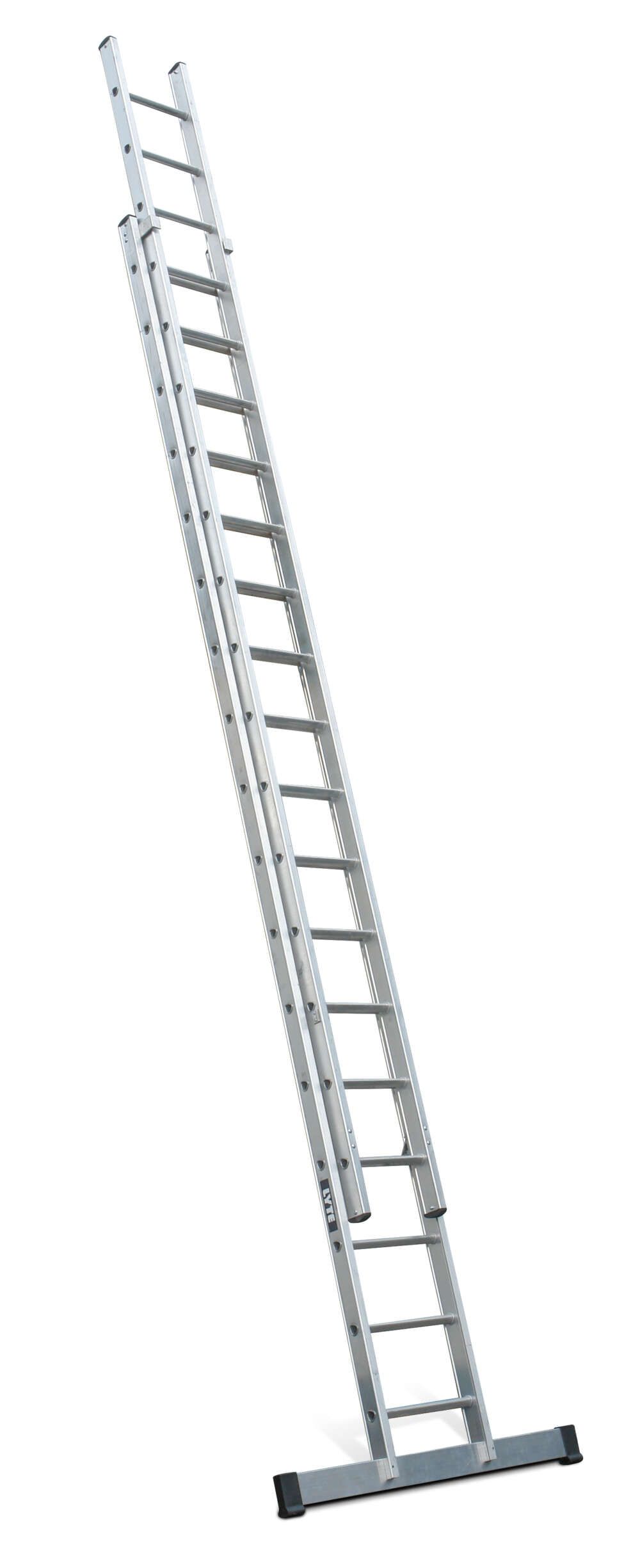 A long ladder is sitting on top of a white surface.