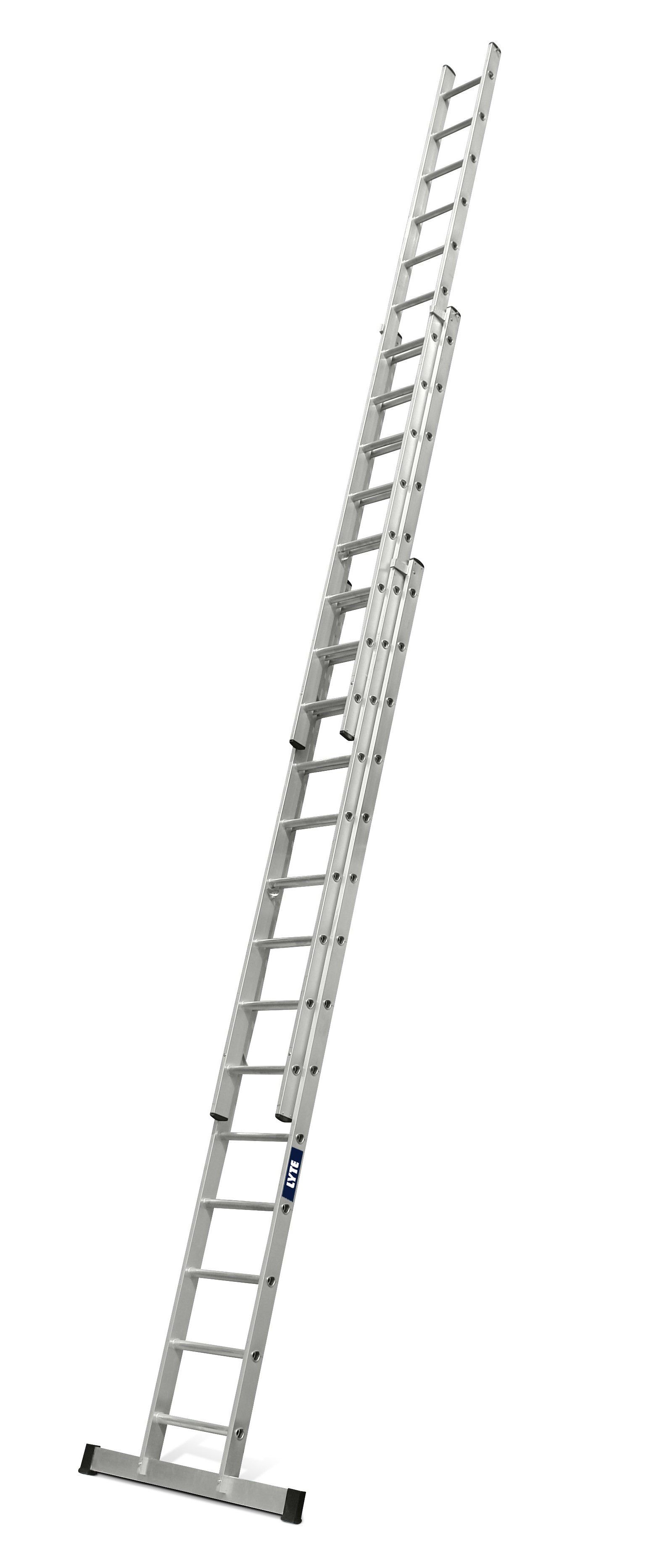 A long ladder is sitting on top of a white surface.