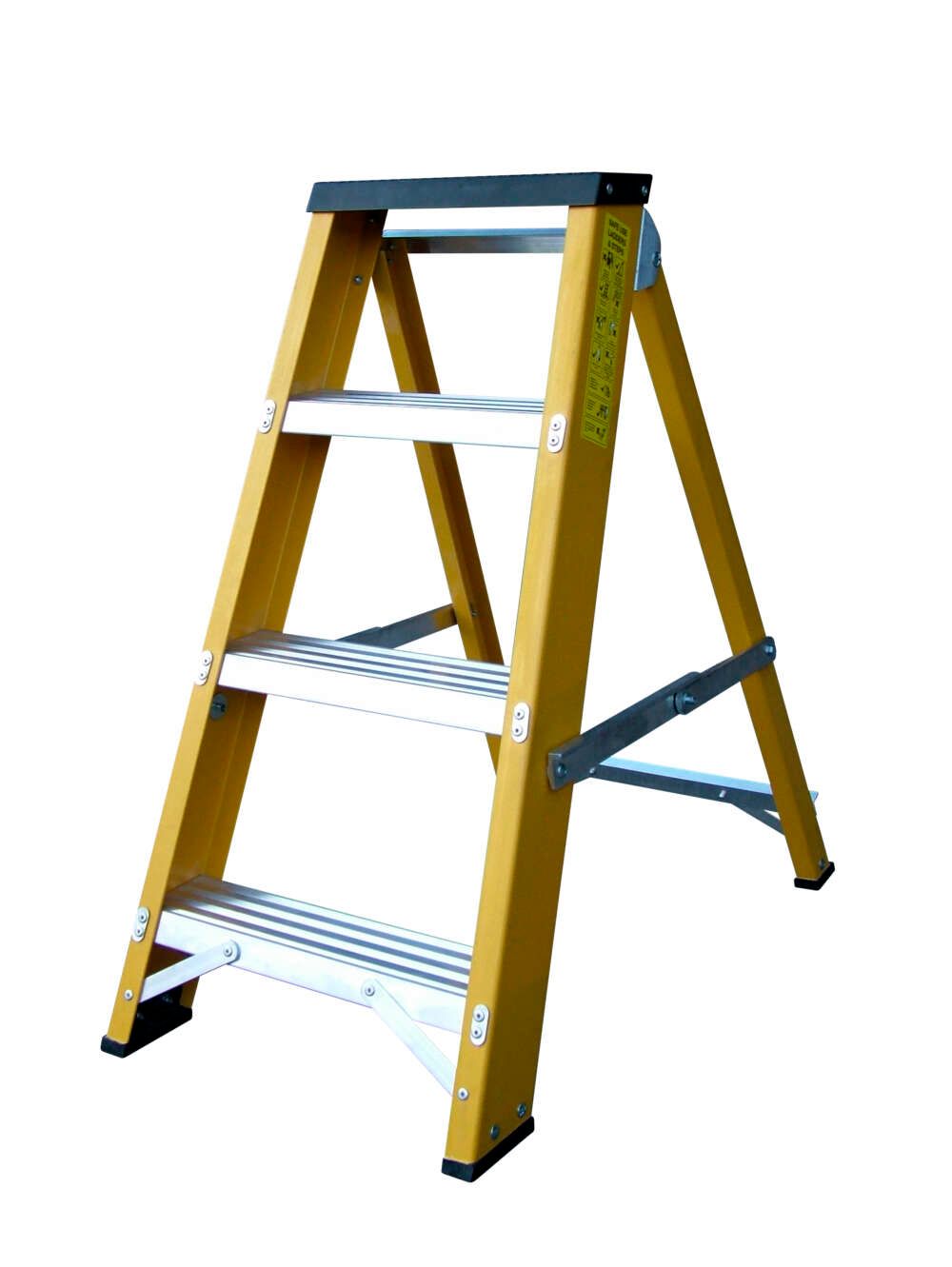 A yellow ladder with three steps on a white background.