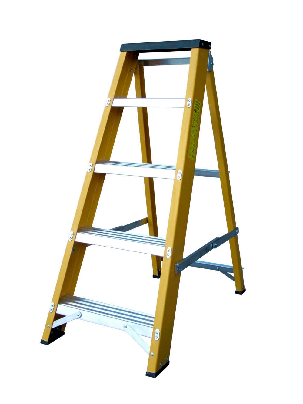 A wooden ladder with four steps on a white background.
