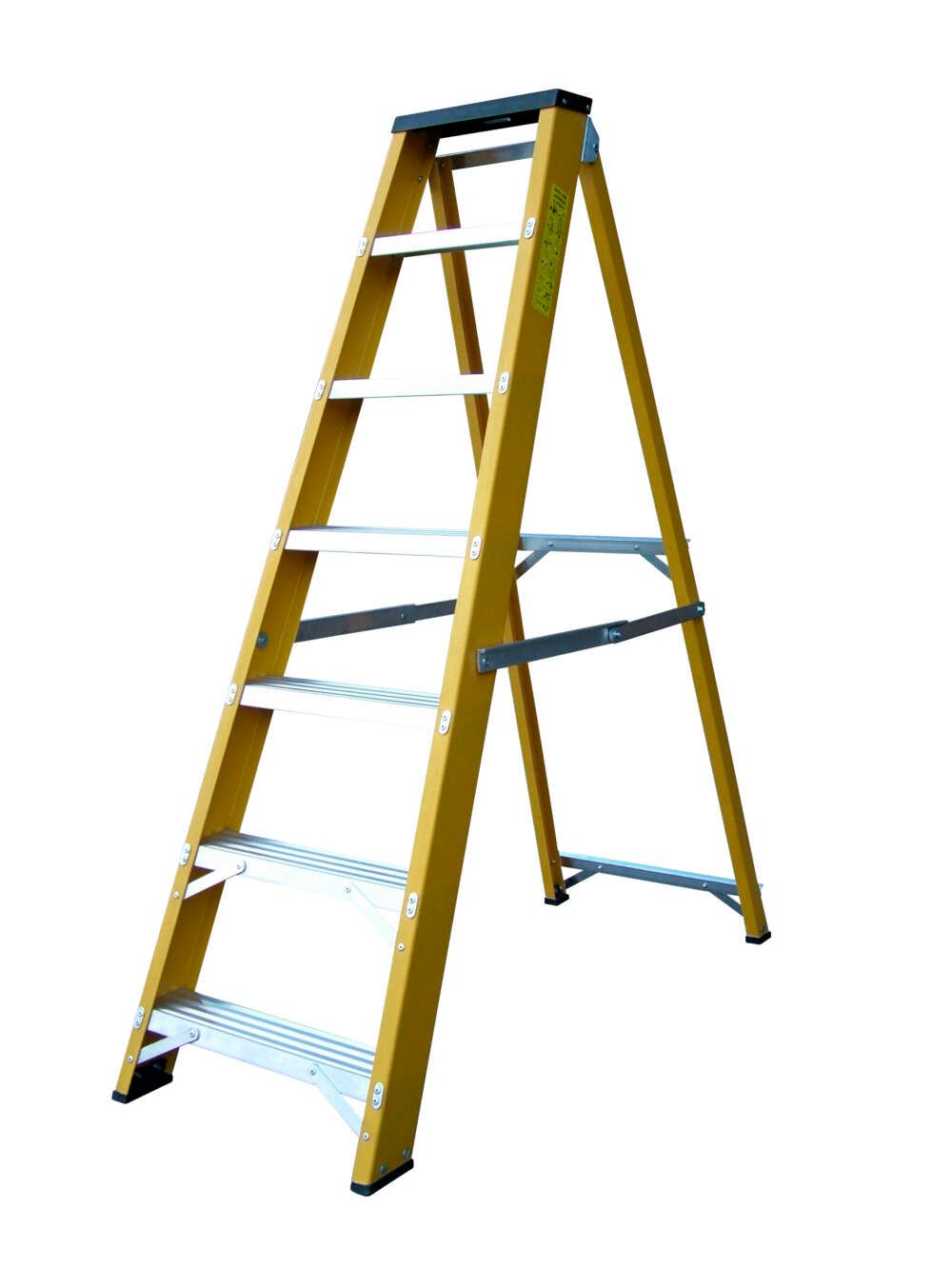 A yellow ladder with white steps on a white background.