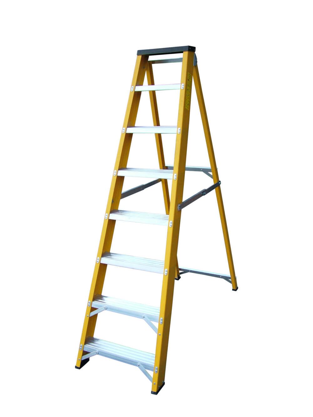 A yellow ladder with white steps on a white background.