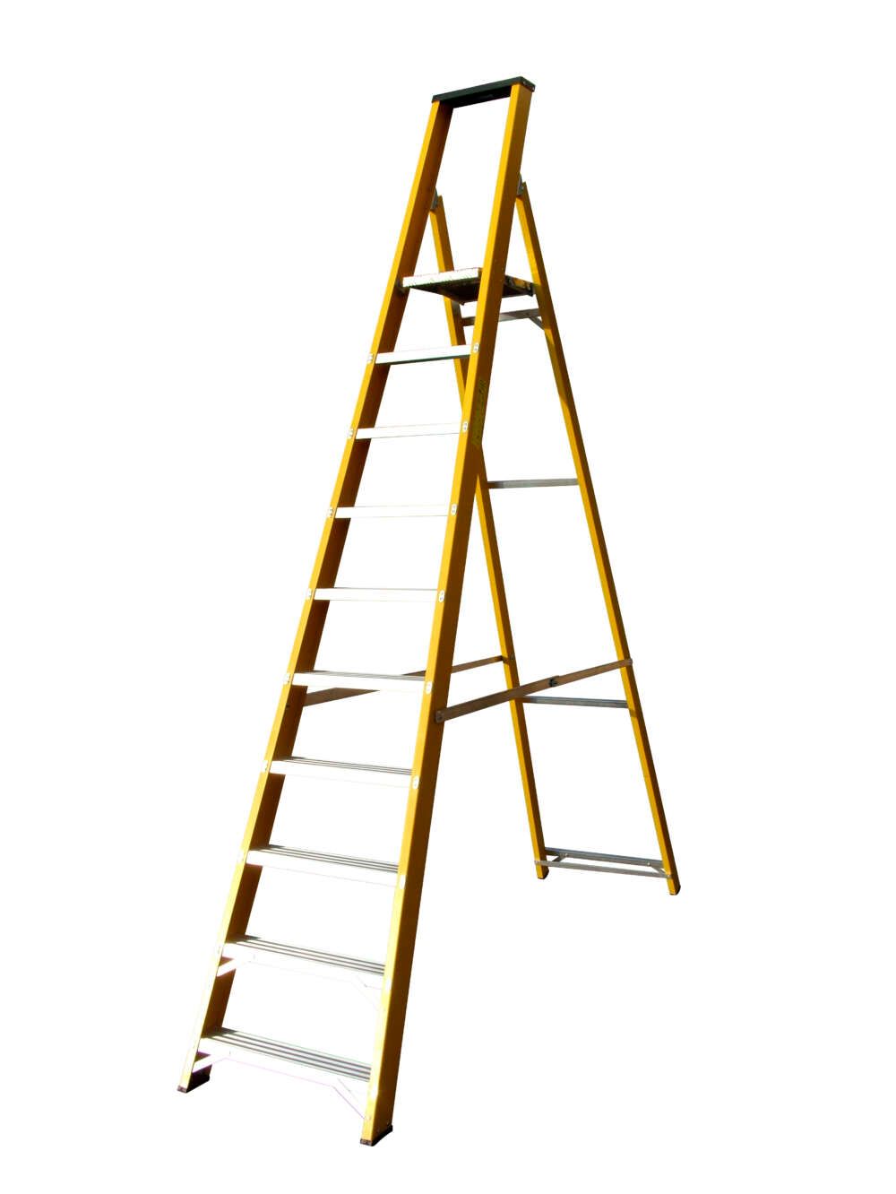 A yellow ladder is sitting on a white surface.