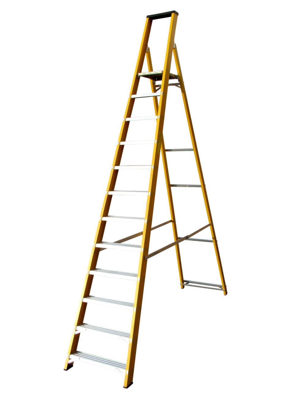 A yellow ladder is sitting on a white surface.