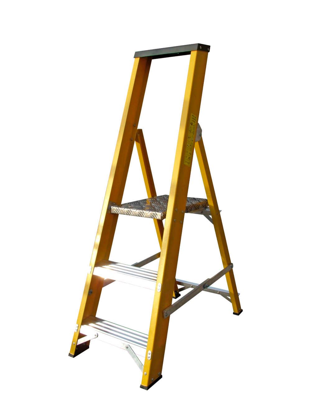 A yellow ladder with three steps on a white background.