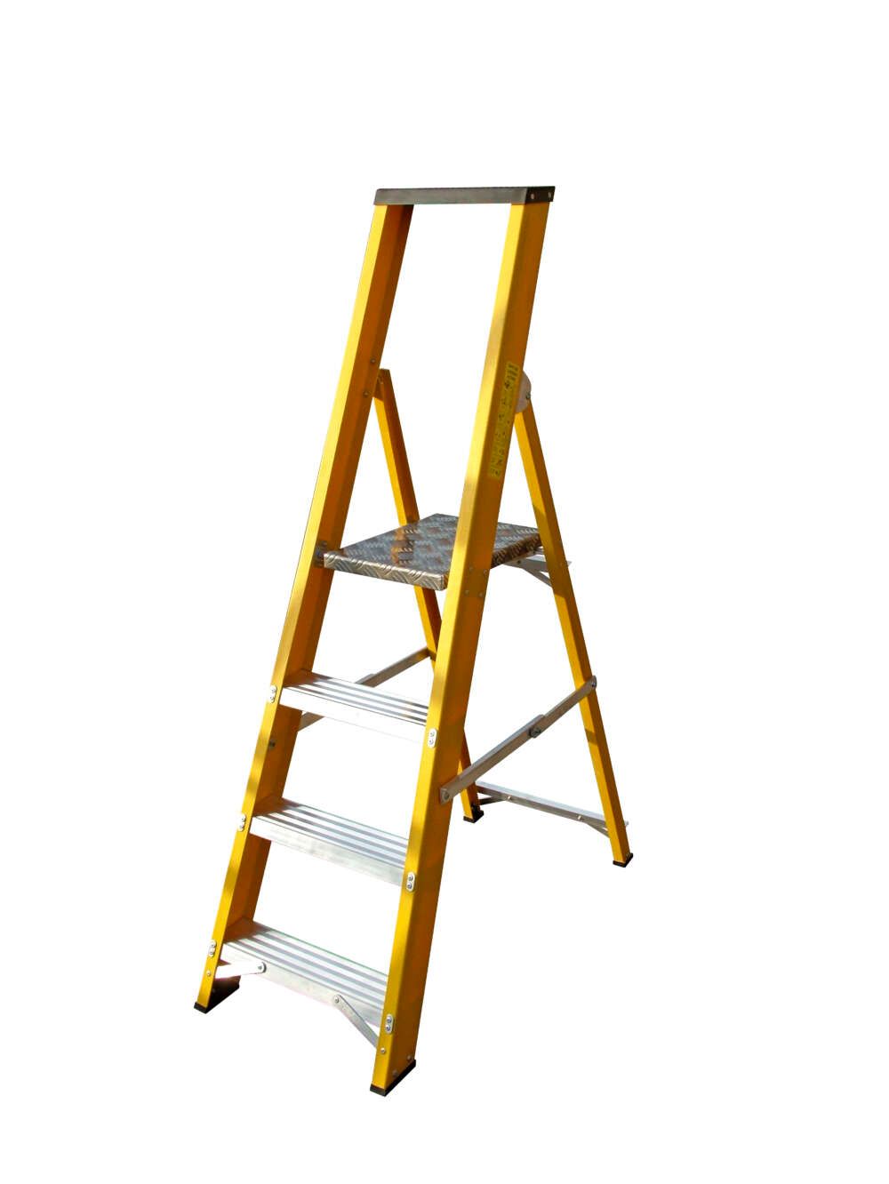 A yellow ladder with four steps on a white background.