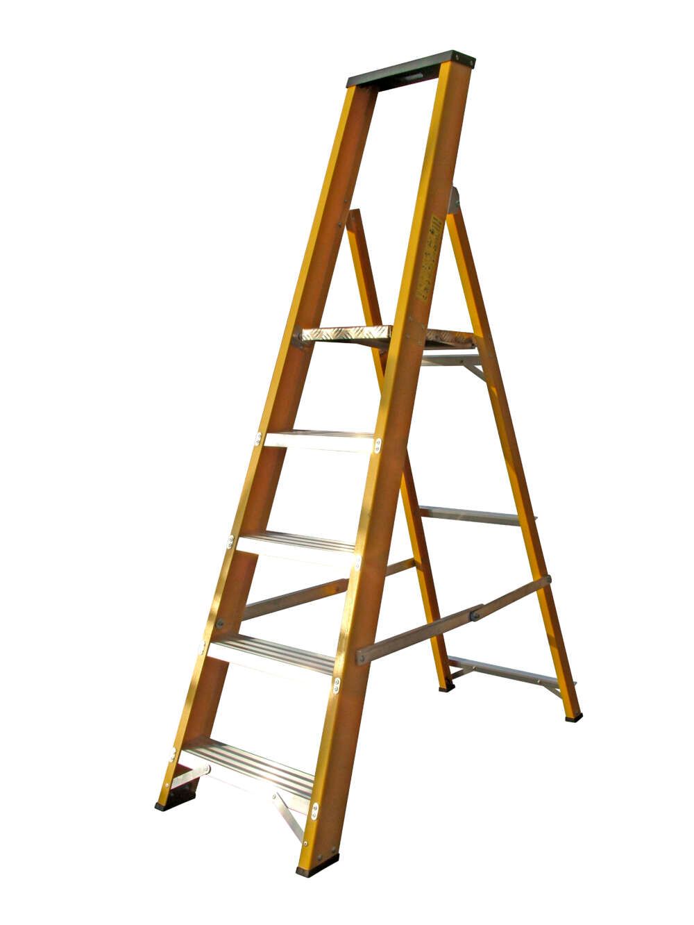 A yellow ladder is sitting on a white surface.