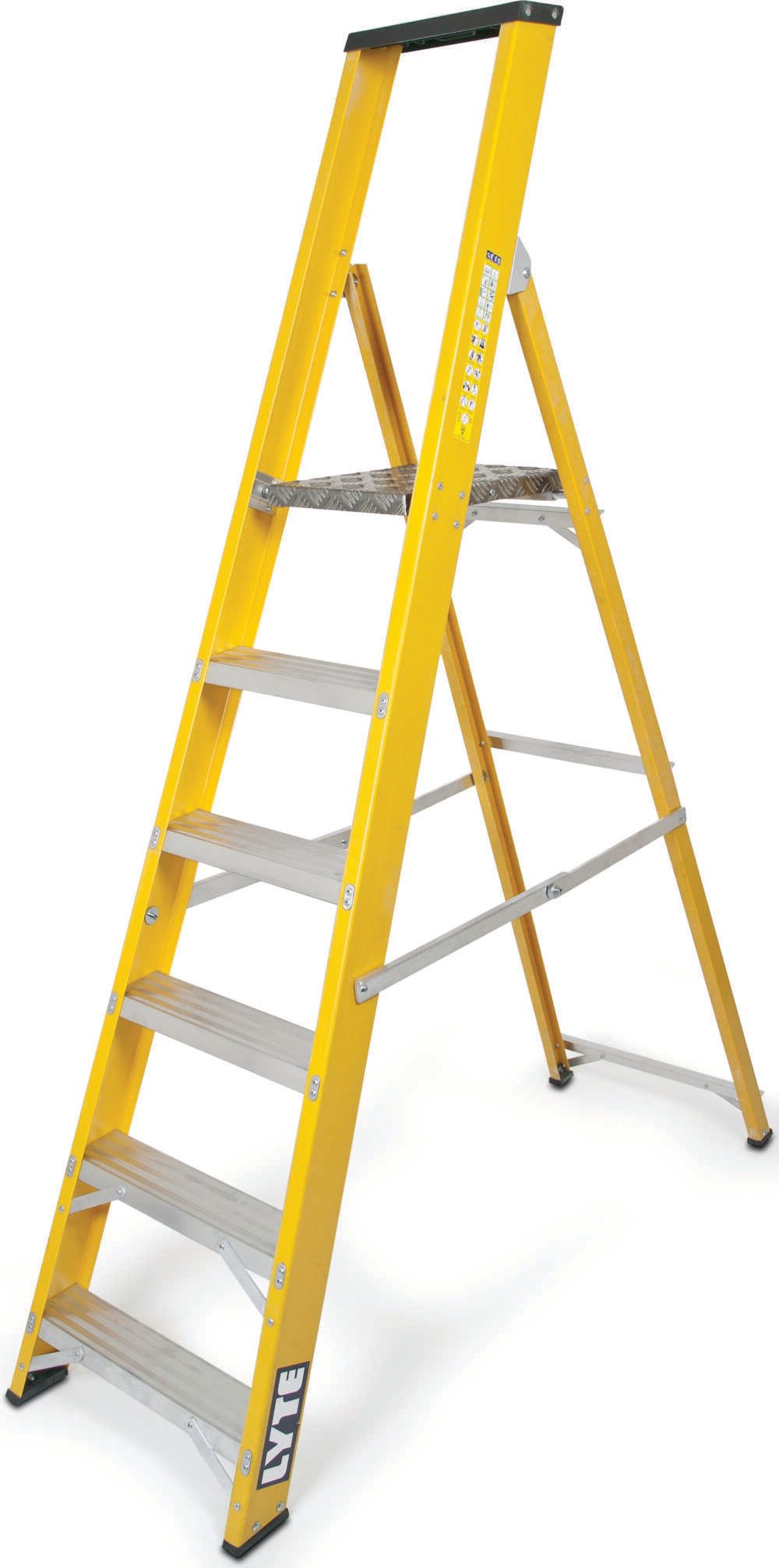A yellow ladder with a black handle on a white background.