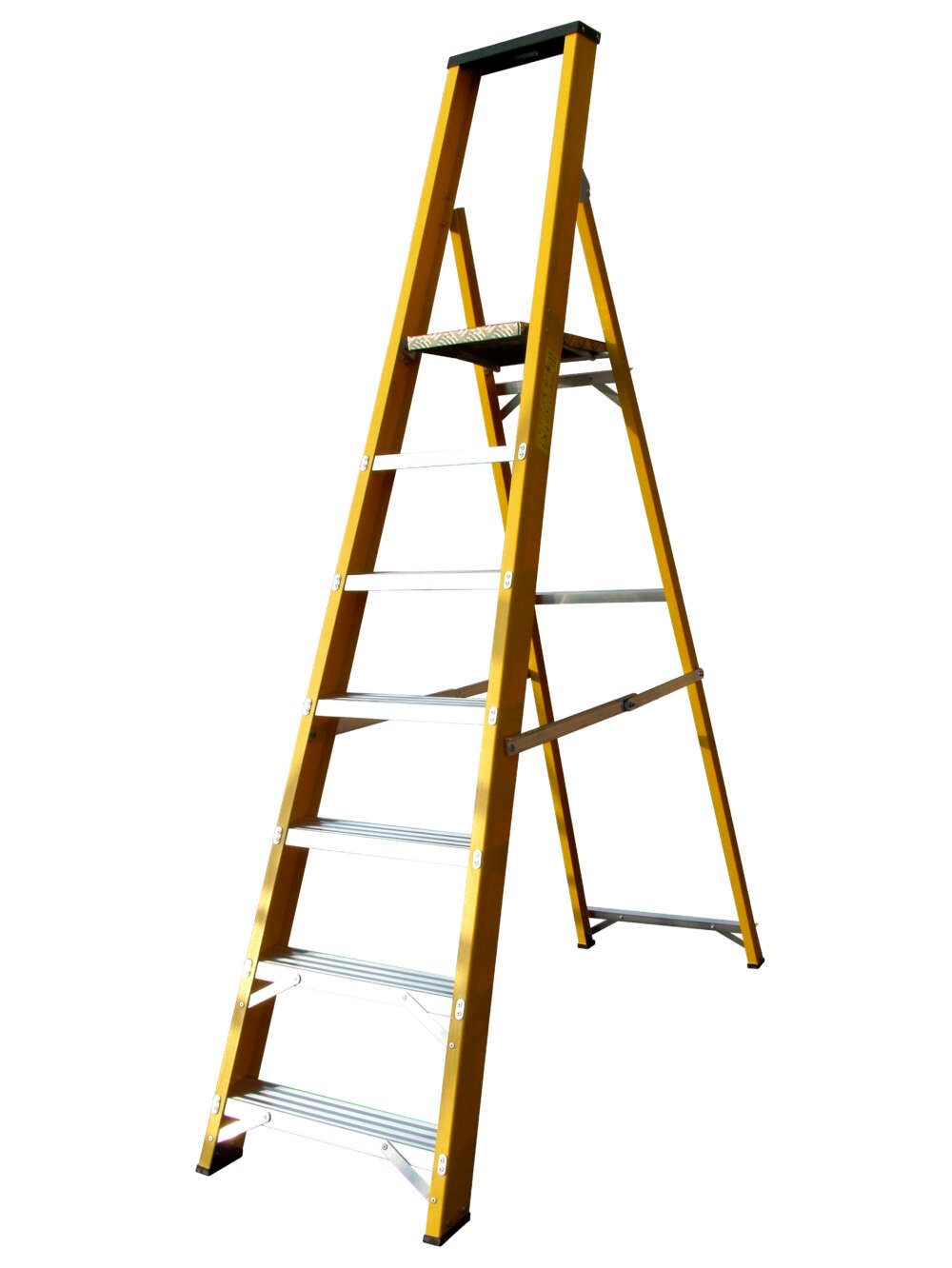 A yellow ladder with a black handle on a white background.