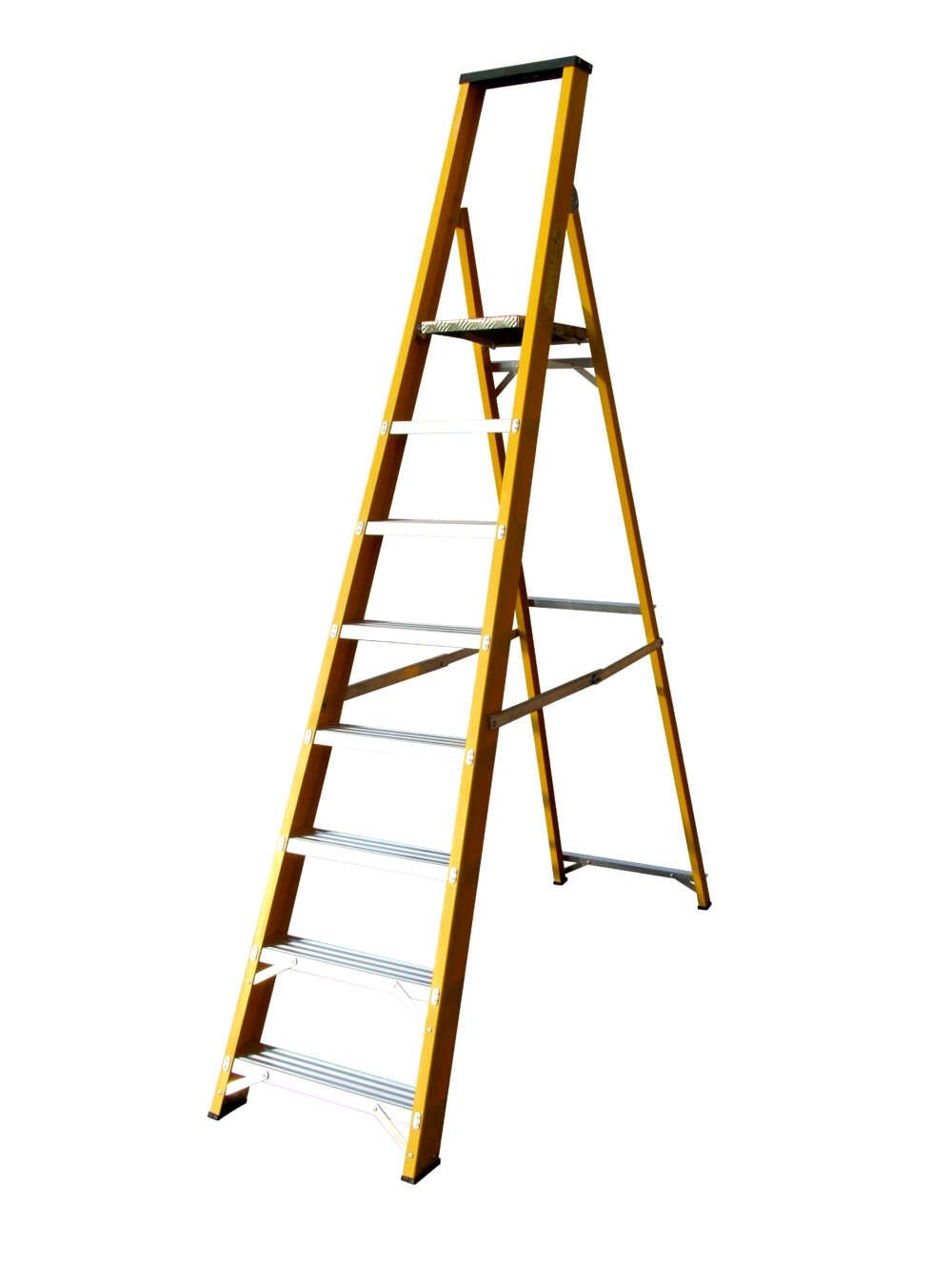 A yellow ladder with a black handle on a white background.