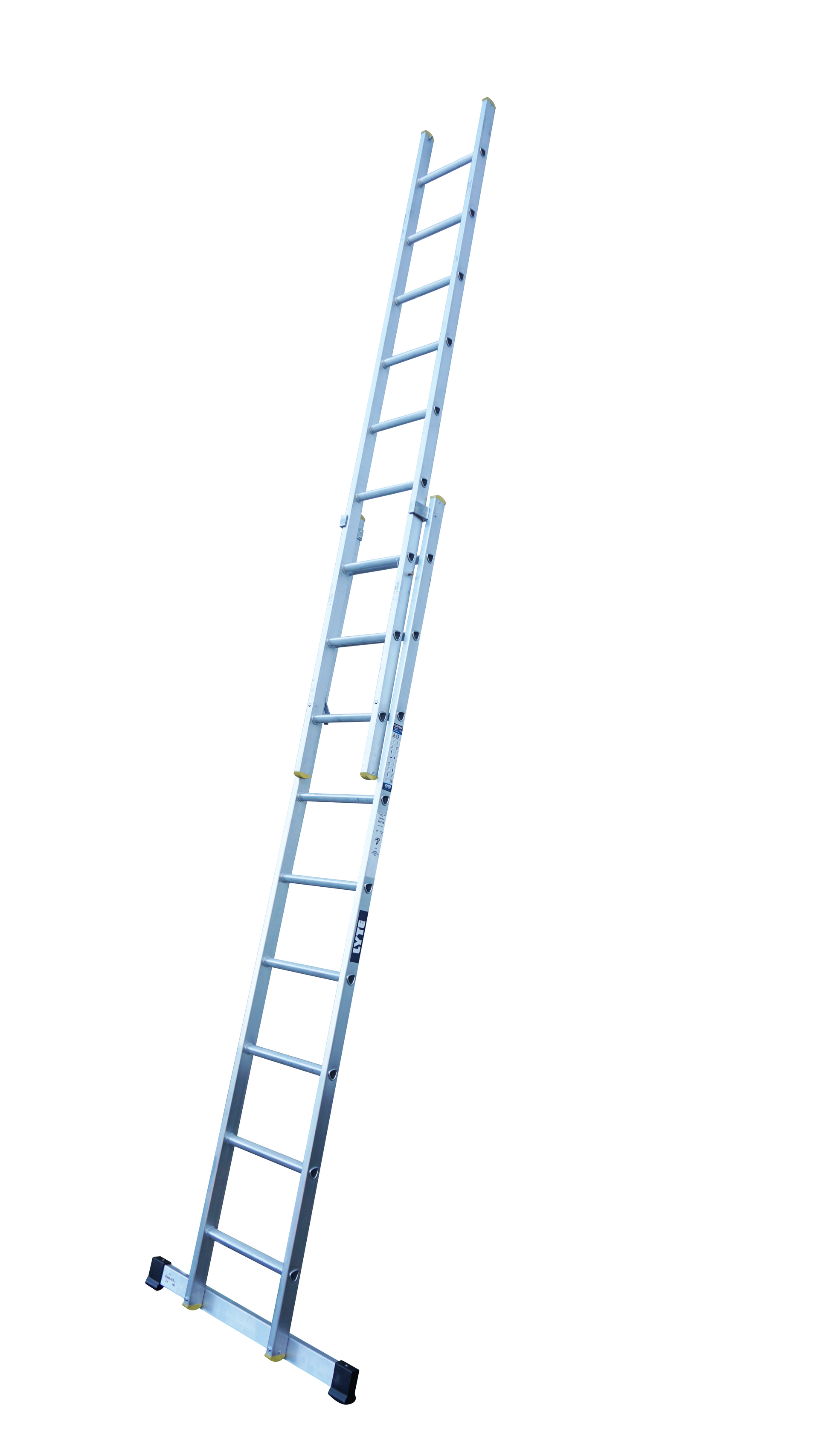 A long ladder is sitting on a white surface.
