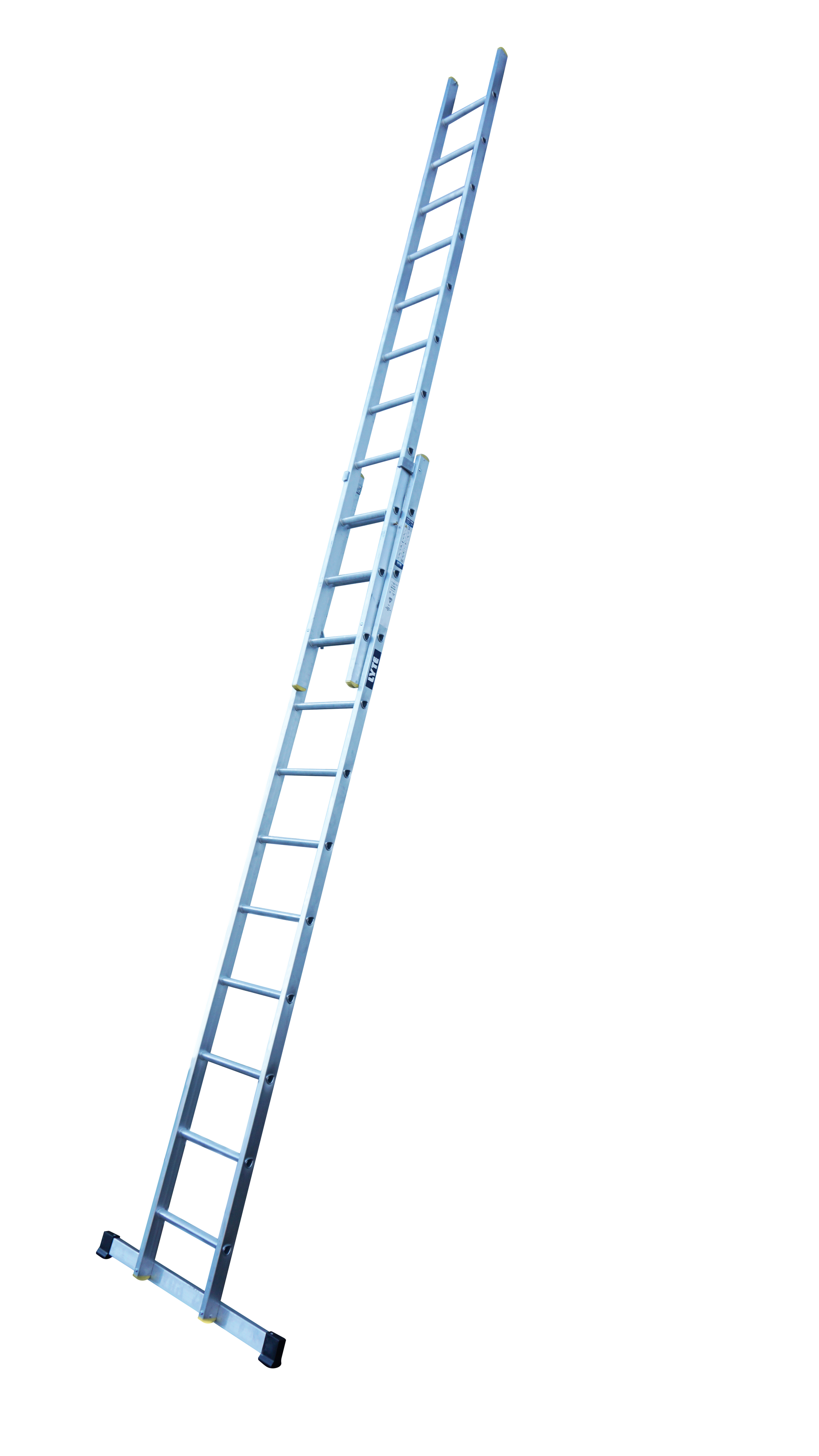 A long ladder is sitting on a white surface.