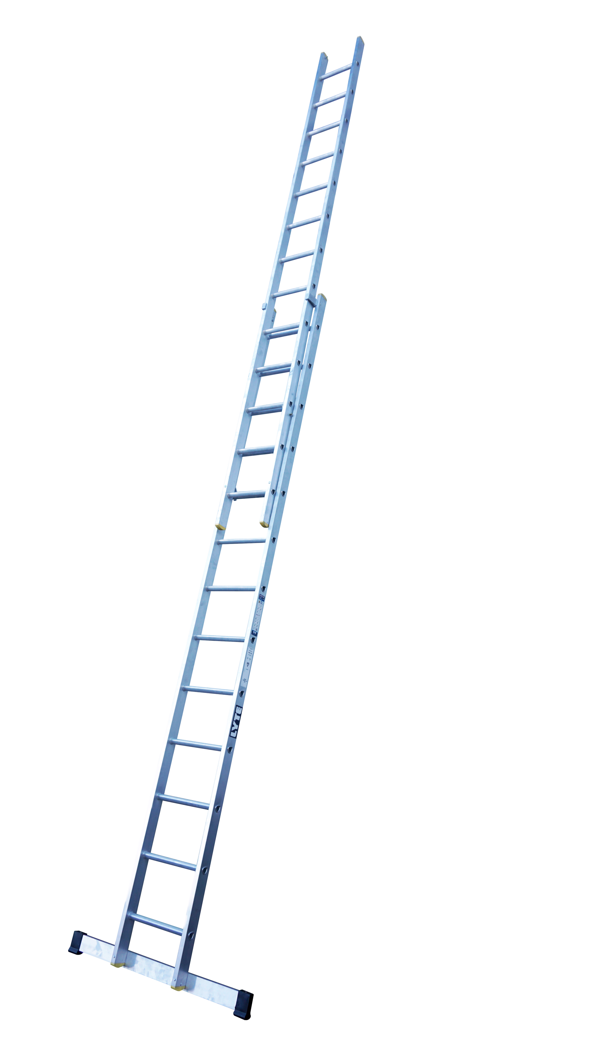 A long ladder is sitting on a white surface.