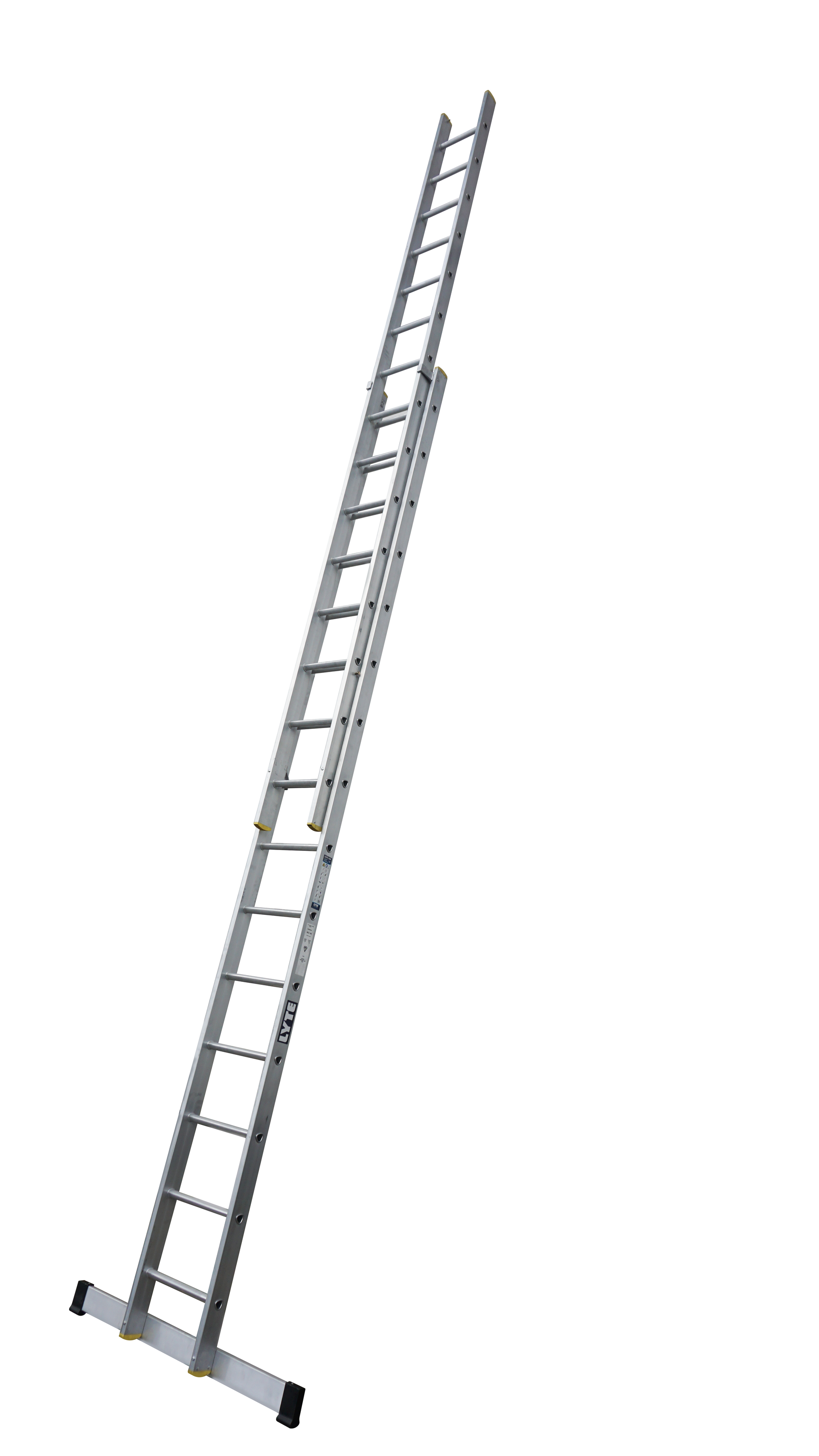 A long ladder is sitting on top of a white surface.
