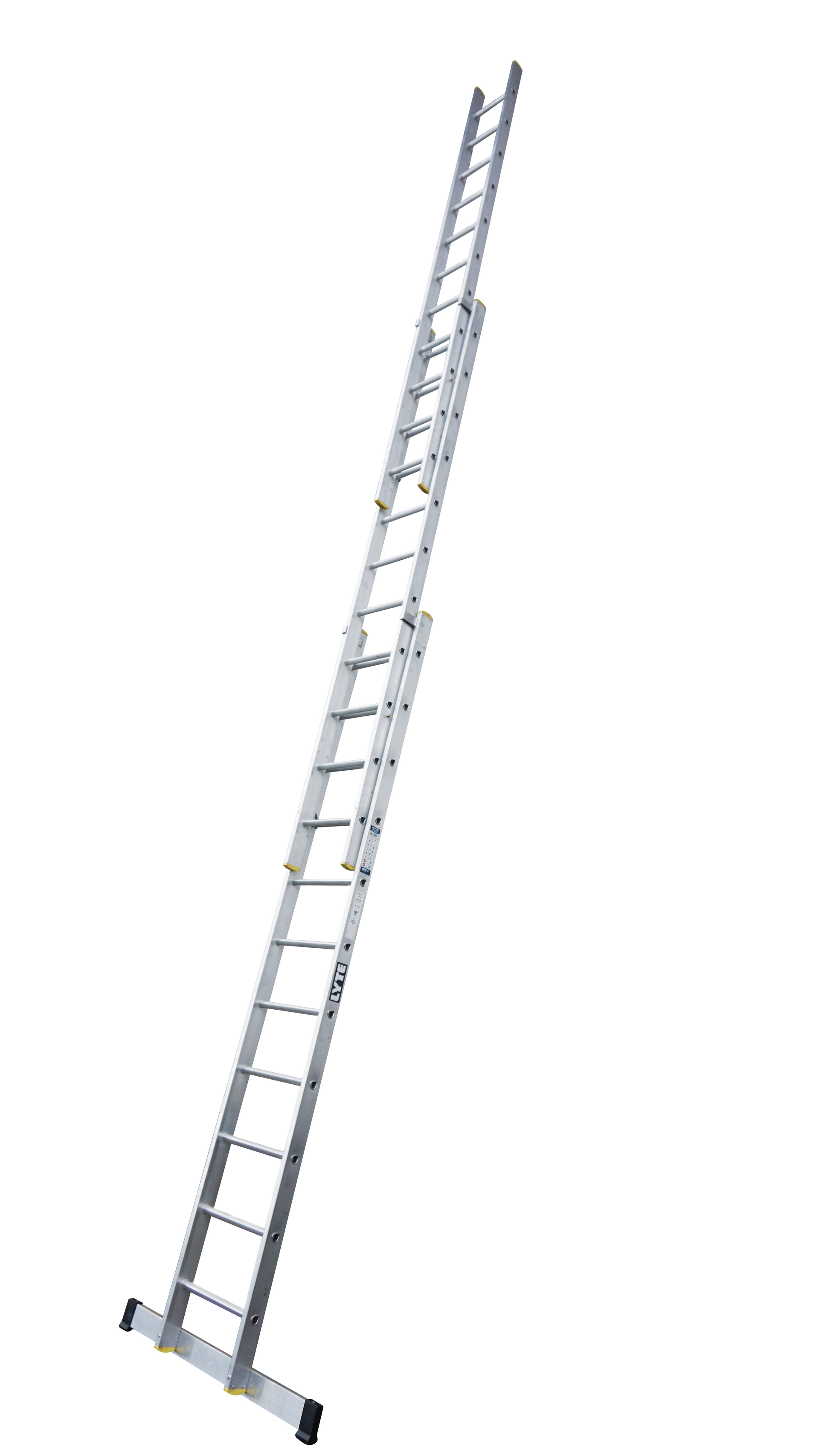 A long ladder is sitting on top of a white surface.