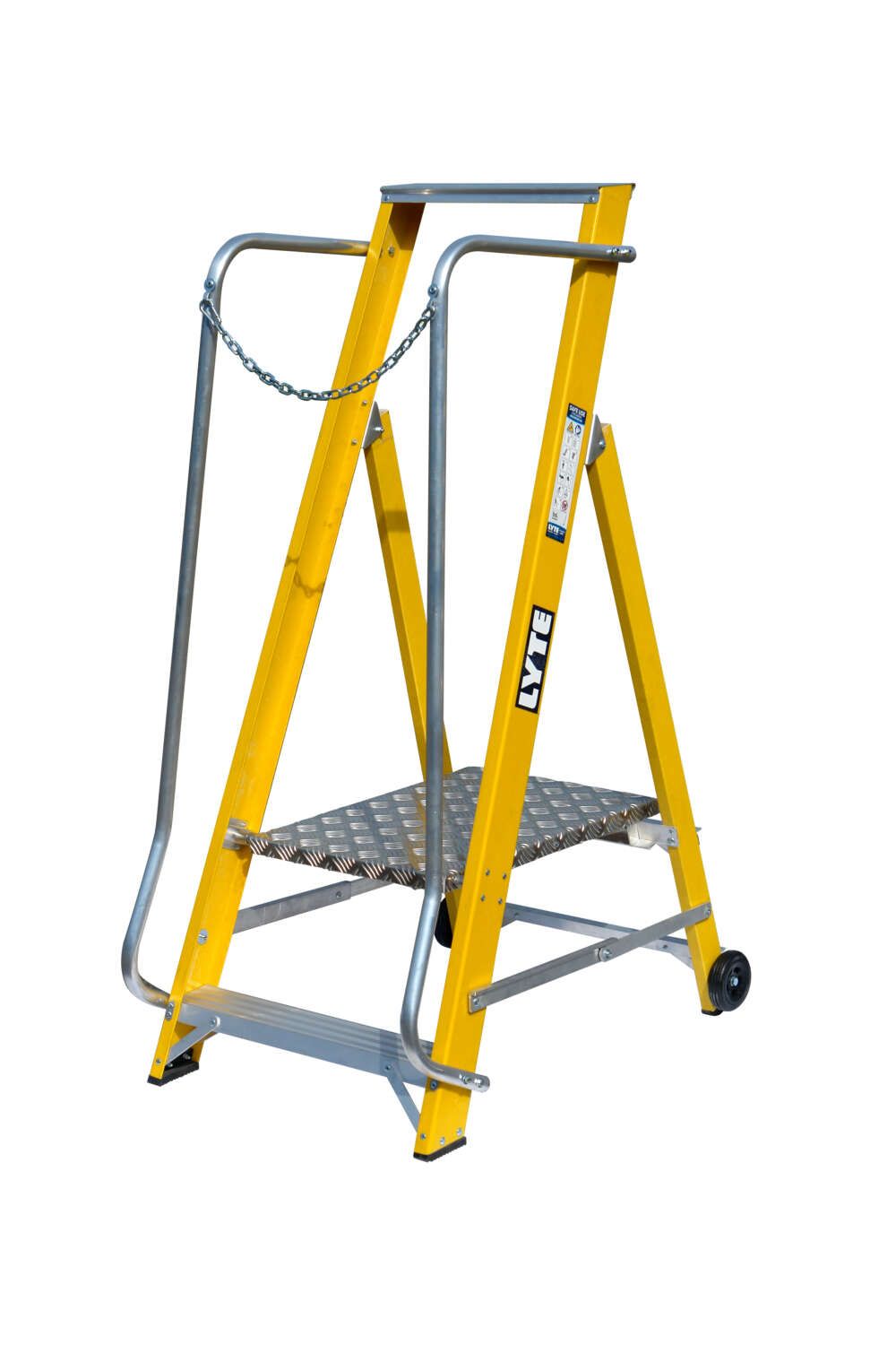 A yellow ladder with wheels on a white background.