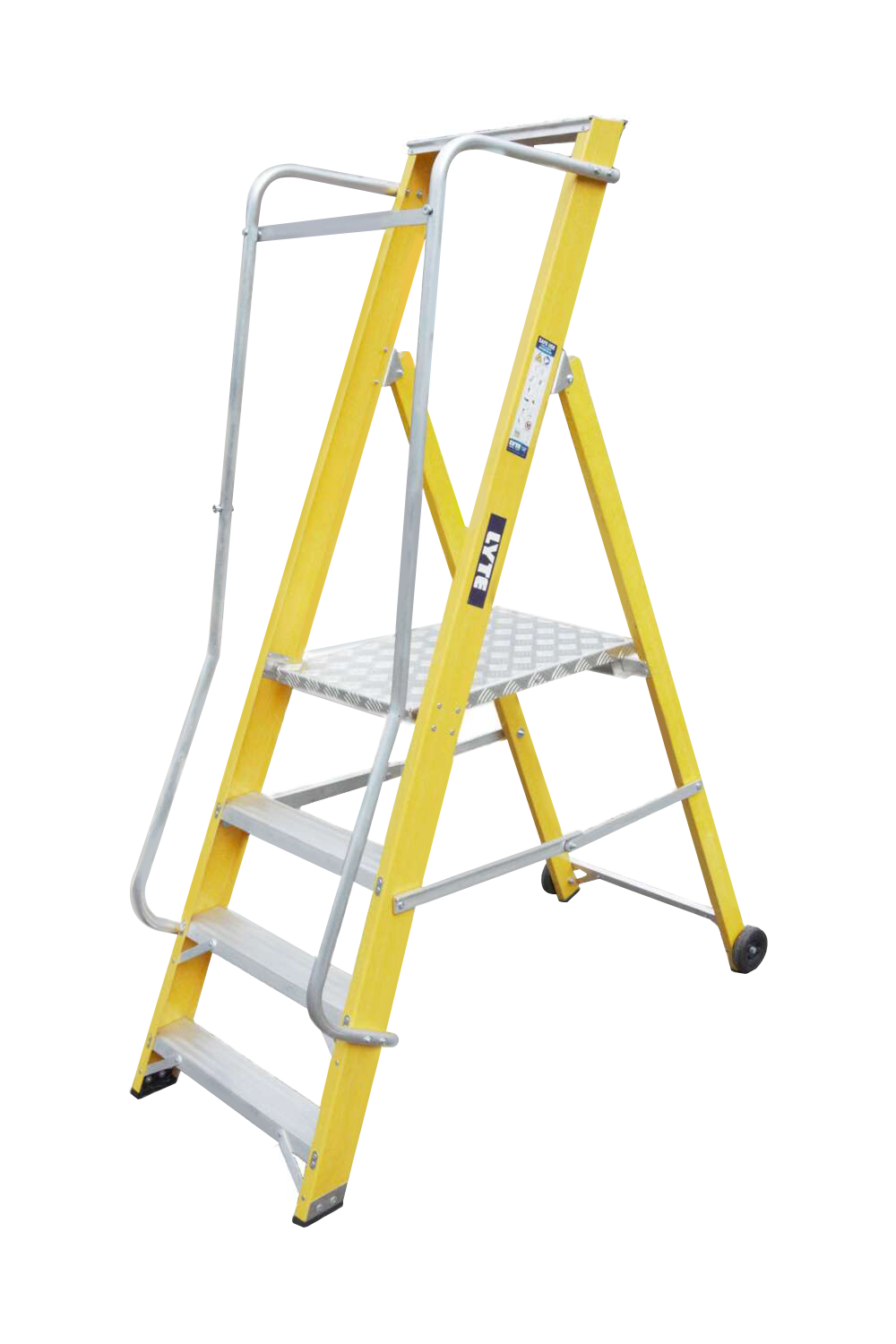 A yellow ladder with a metal railing and steps on a white background.
