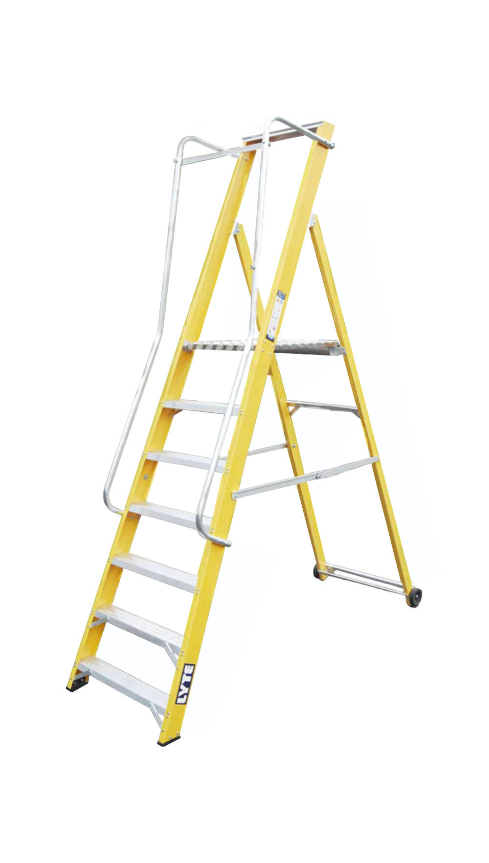 A yellow ladder with white steps on a white background.