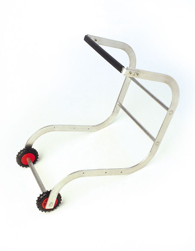 A metal walker with red wheels and a black handle on a white background.