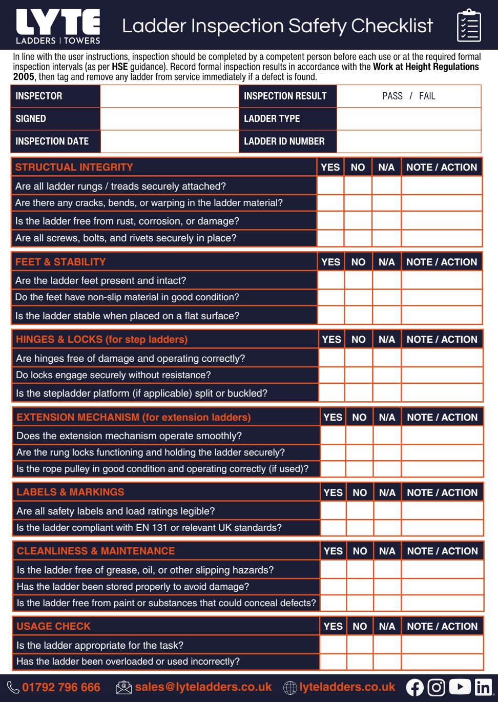 Ladder Safety Inspection Checklist sheet