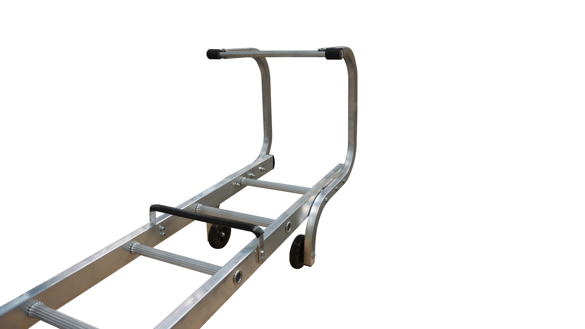 A close up of a ladder with wheels on a white background.