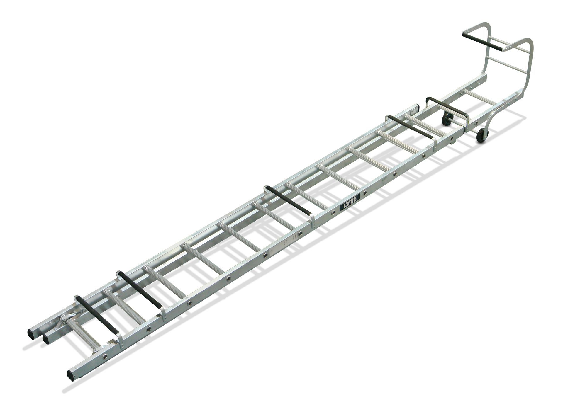 A long roof ladder with wheels attached to it on a white background.