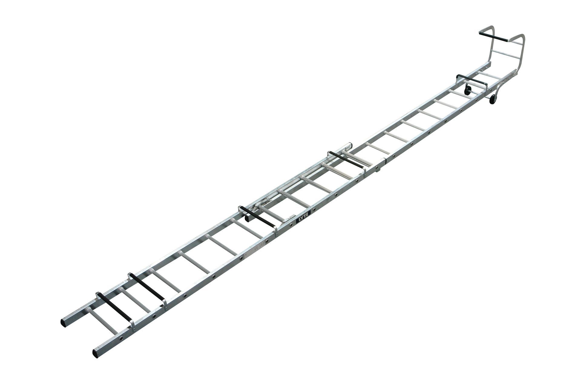 A long ladder with a safety rail attached to it on a white background.