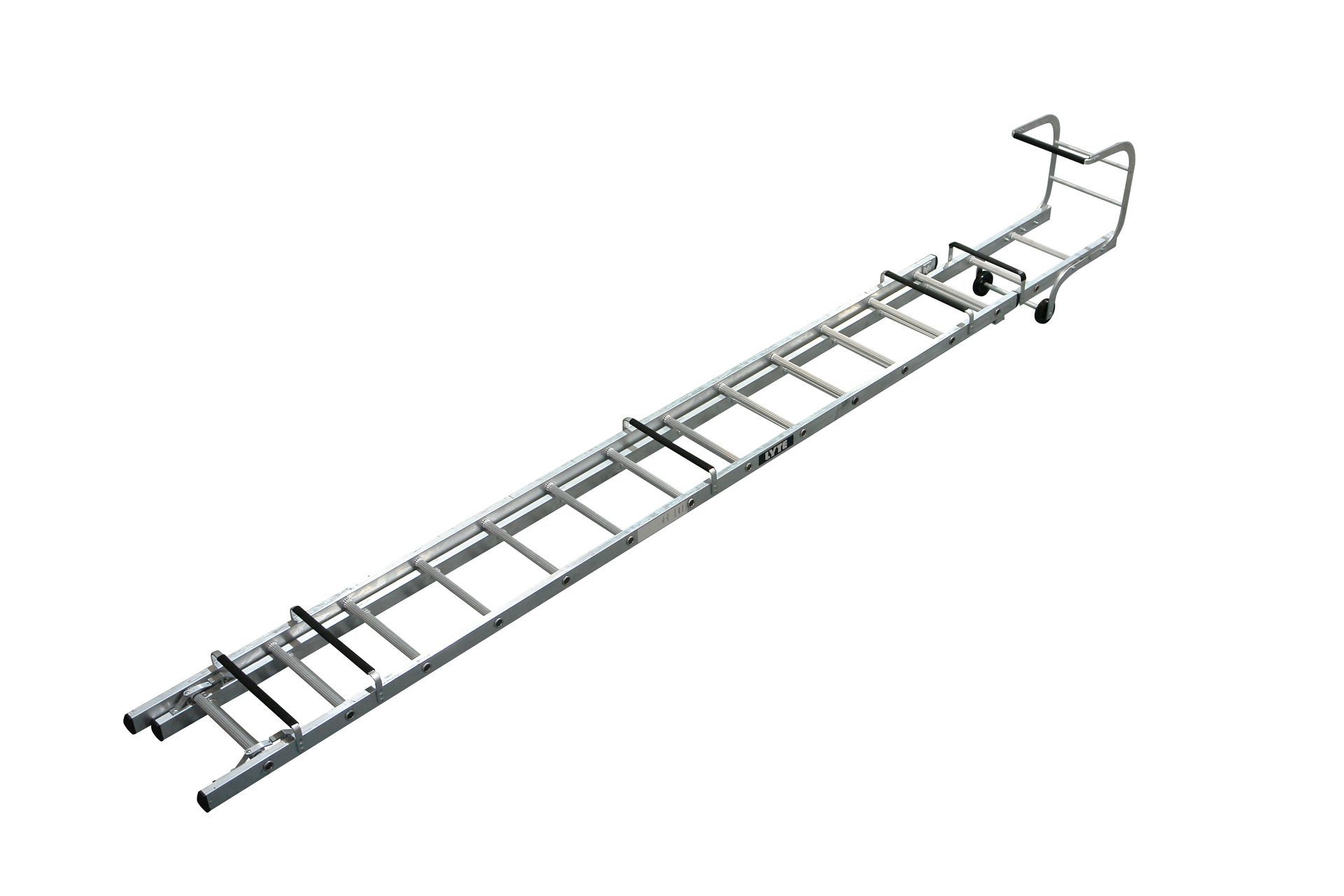 A long ladder with wheels attached to it on a white background.