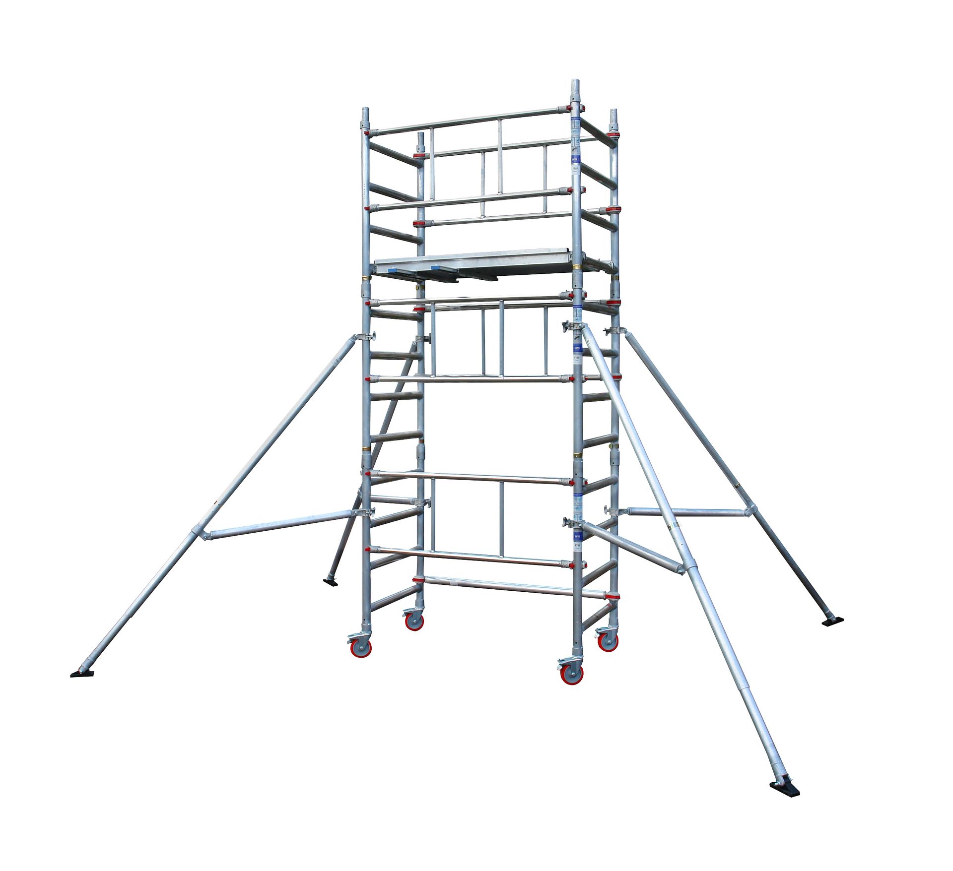 A metal scaffolding tower with wheels on a white background.