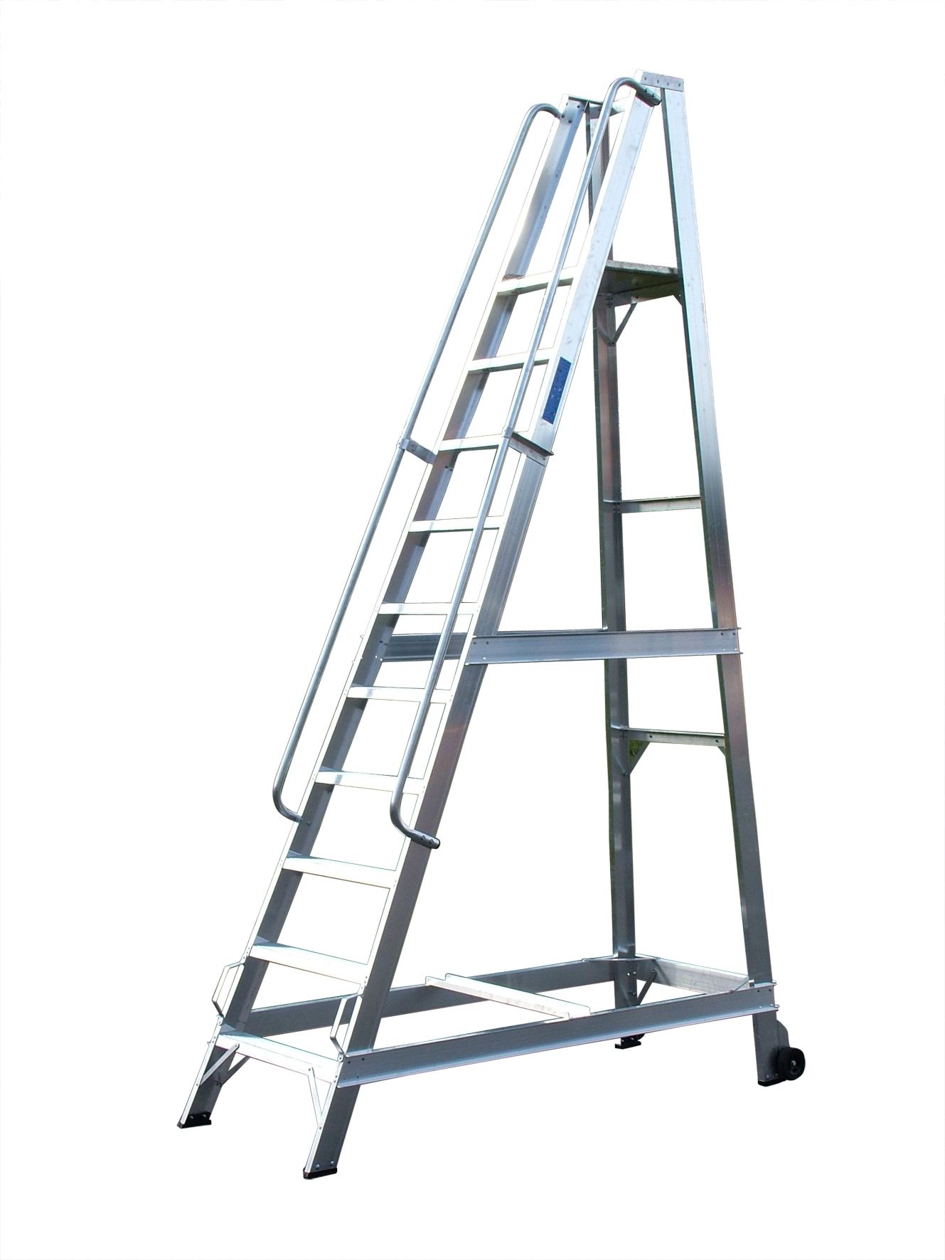 A metal ladder with wheels on a white background.