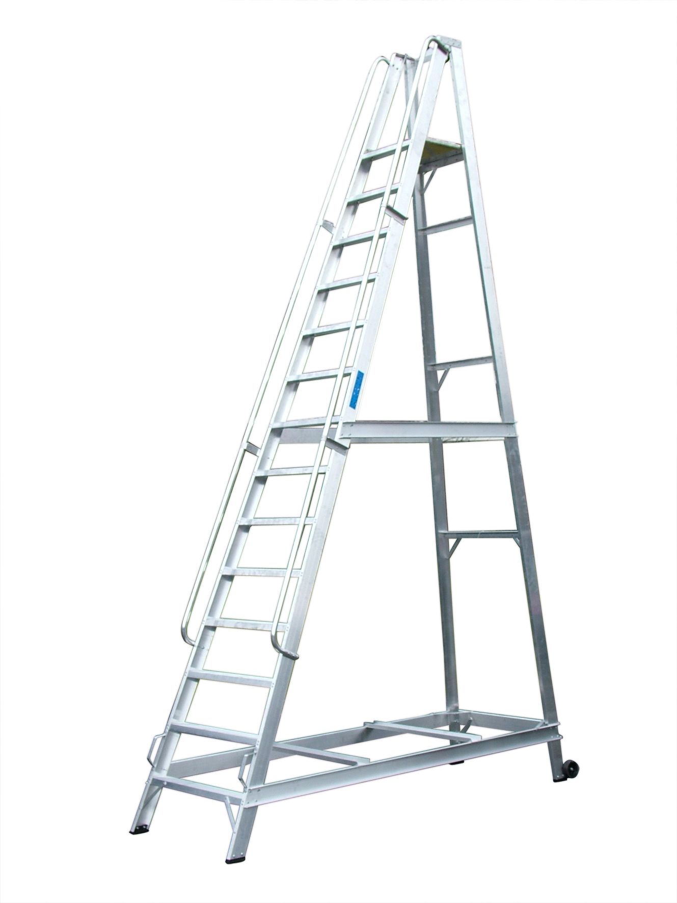 An aluminum ladder with wheels on a white background.