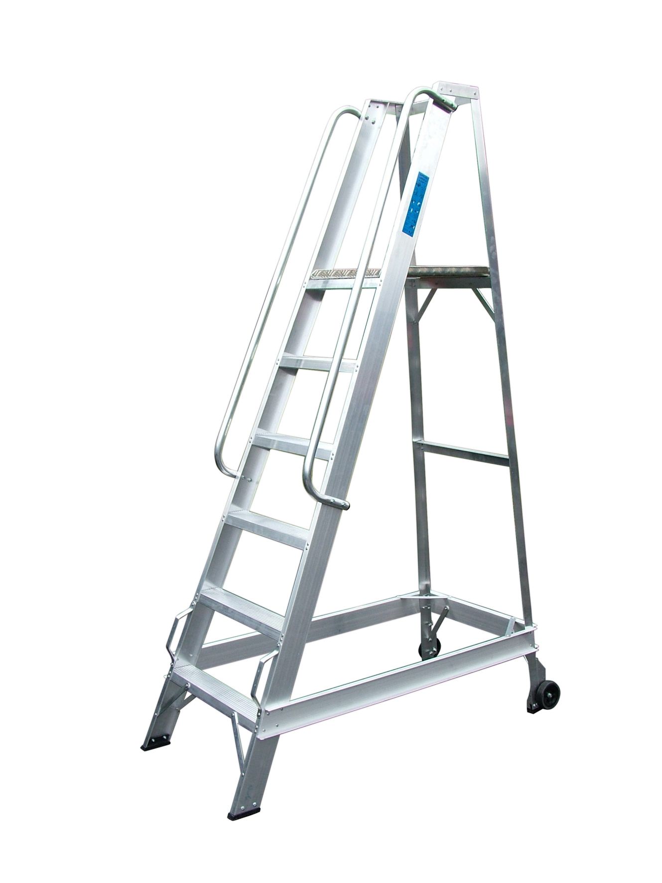 An aluminum ladder with wheels and handrails on a white background.