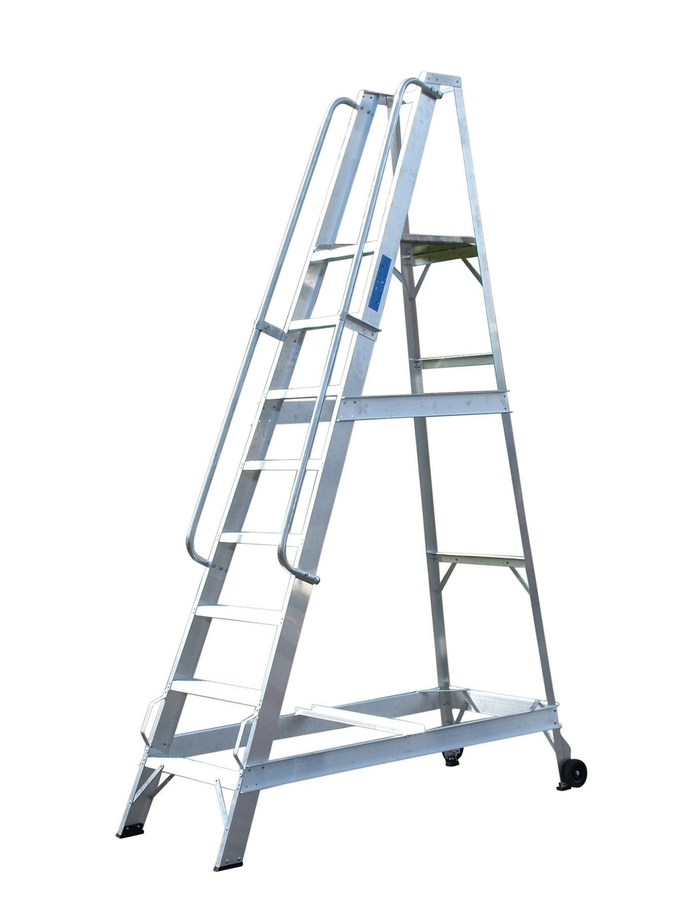 An aluminum ladder with wheels on a white background.