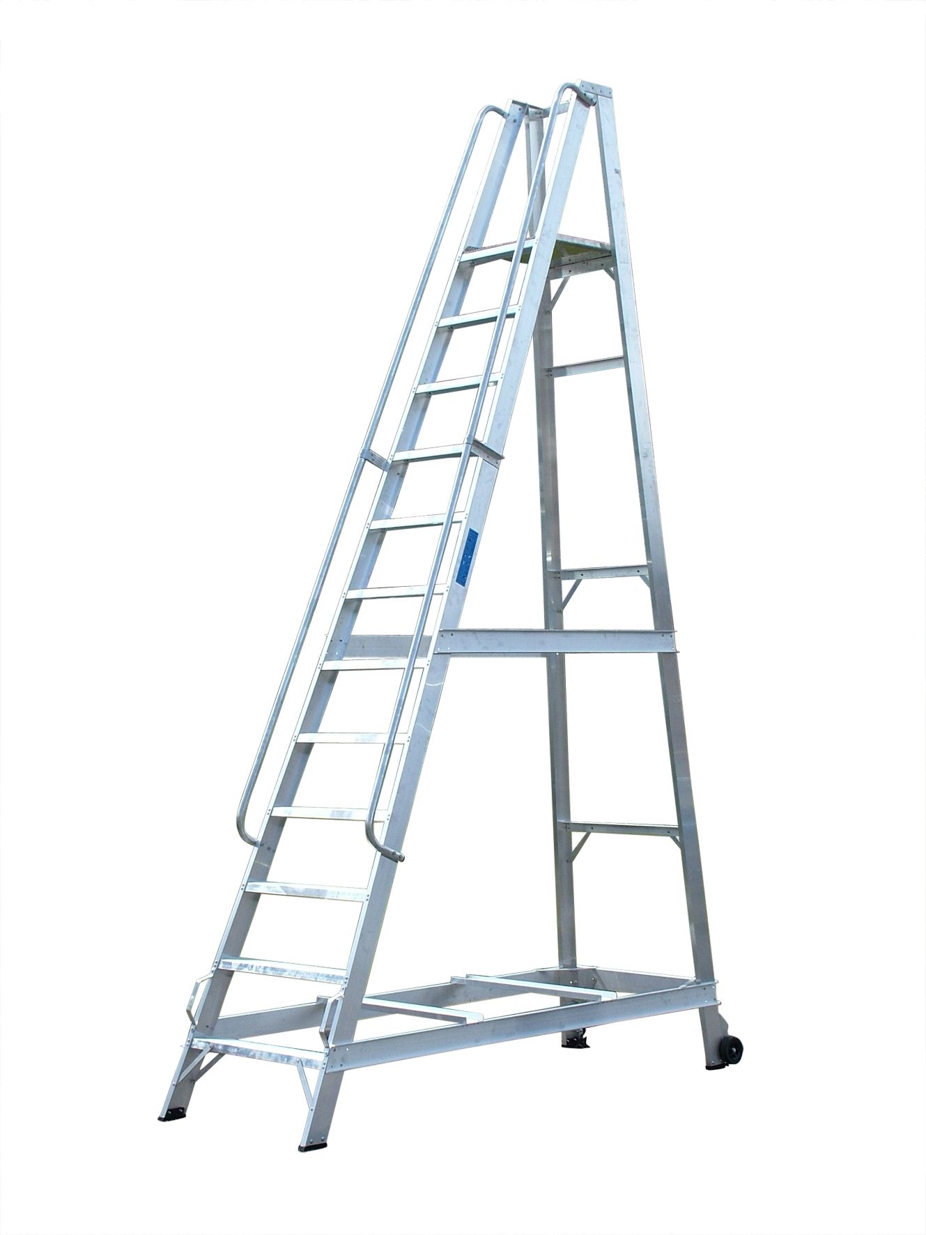 An aluminum ladder with wheels on a white background.