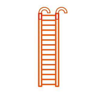 An orange ladder with two hooks on the ends on a white background.